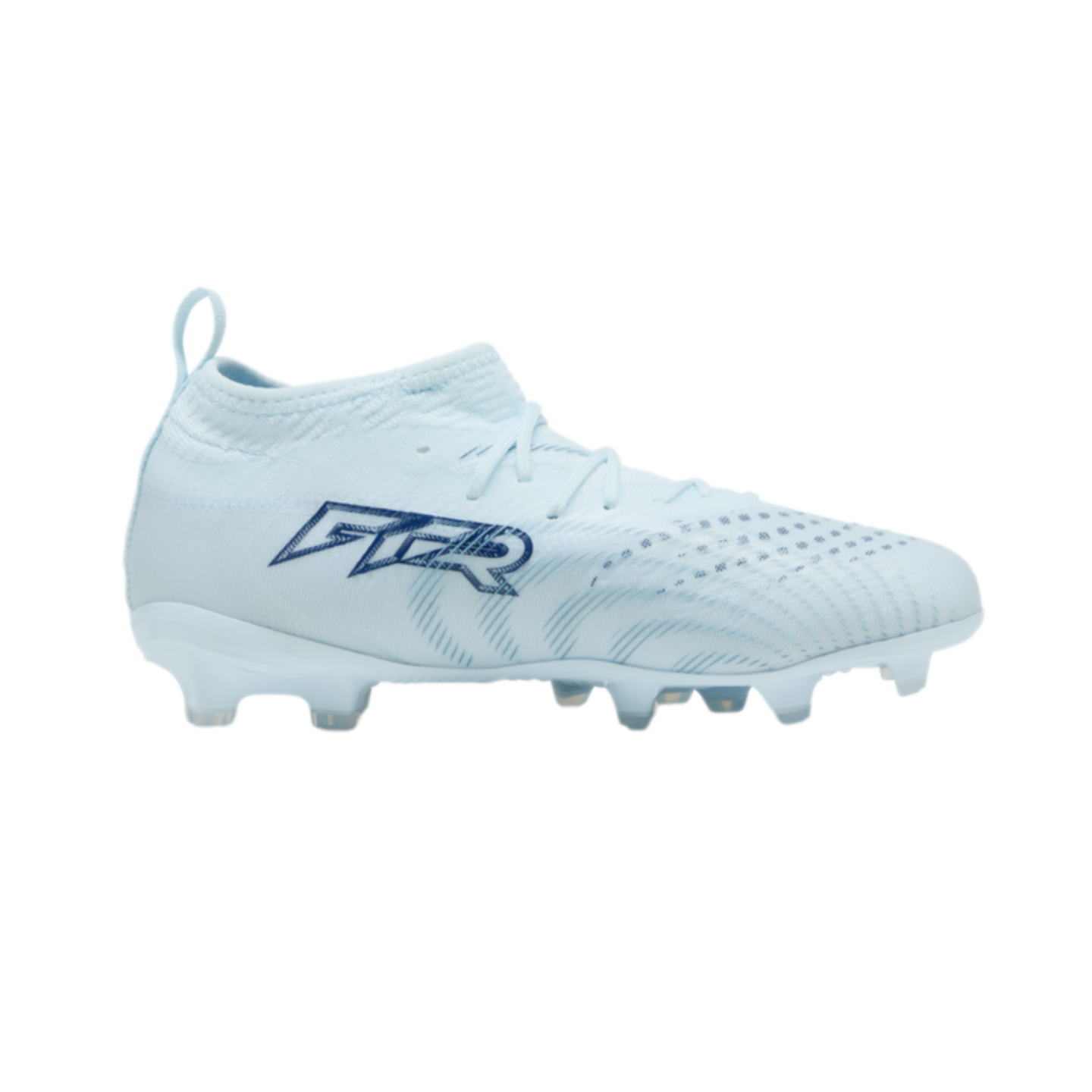 Light blue soccer cleat featuring a dark blue "GTR" logo, sock-like collar, and molded studs, shown against a solid black background.