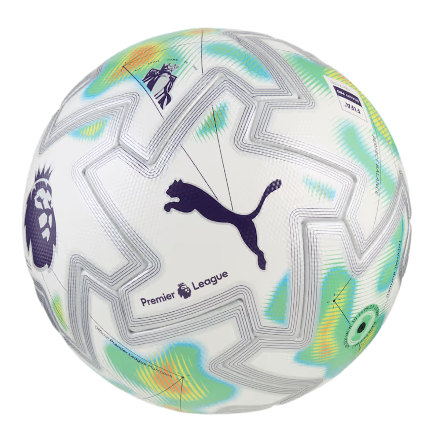 White Puma Premier League soccer ball featuring iridescent blue-green accents, silver star-shaped panel lines, and the league logo.