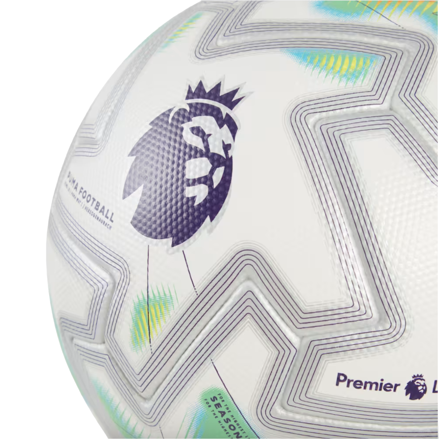 Close-up of a white Puma football featuring the purple Premier League lion logo and geometric patterns in purple and neon green.