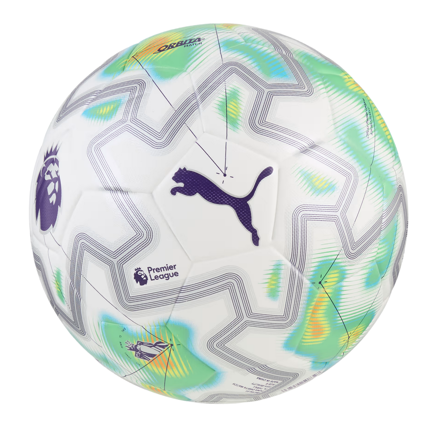 A white Puma Orbita Premier League soccer ball featuring light green, blue, and yellow geometric patterns and dark purple logos.