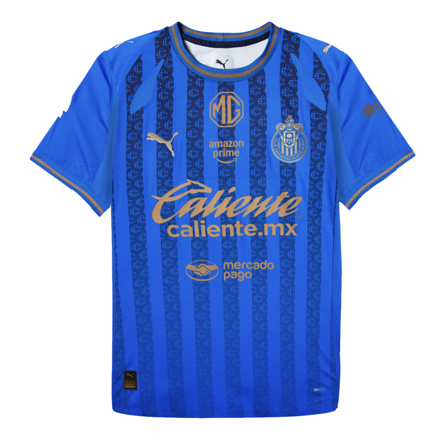 Blue Puma soccer jersey for Chivas featuring vertical dark blue patterned stripes and gold-colored sponsor logos.