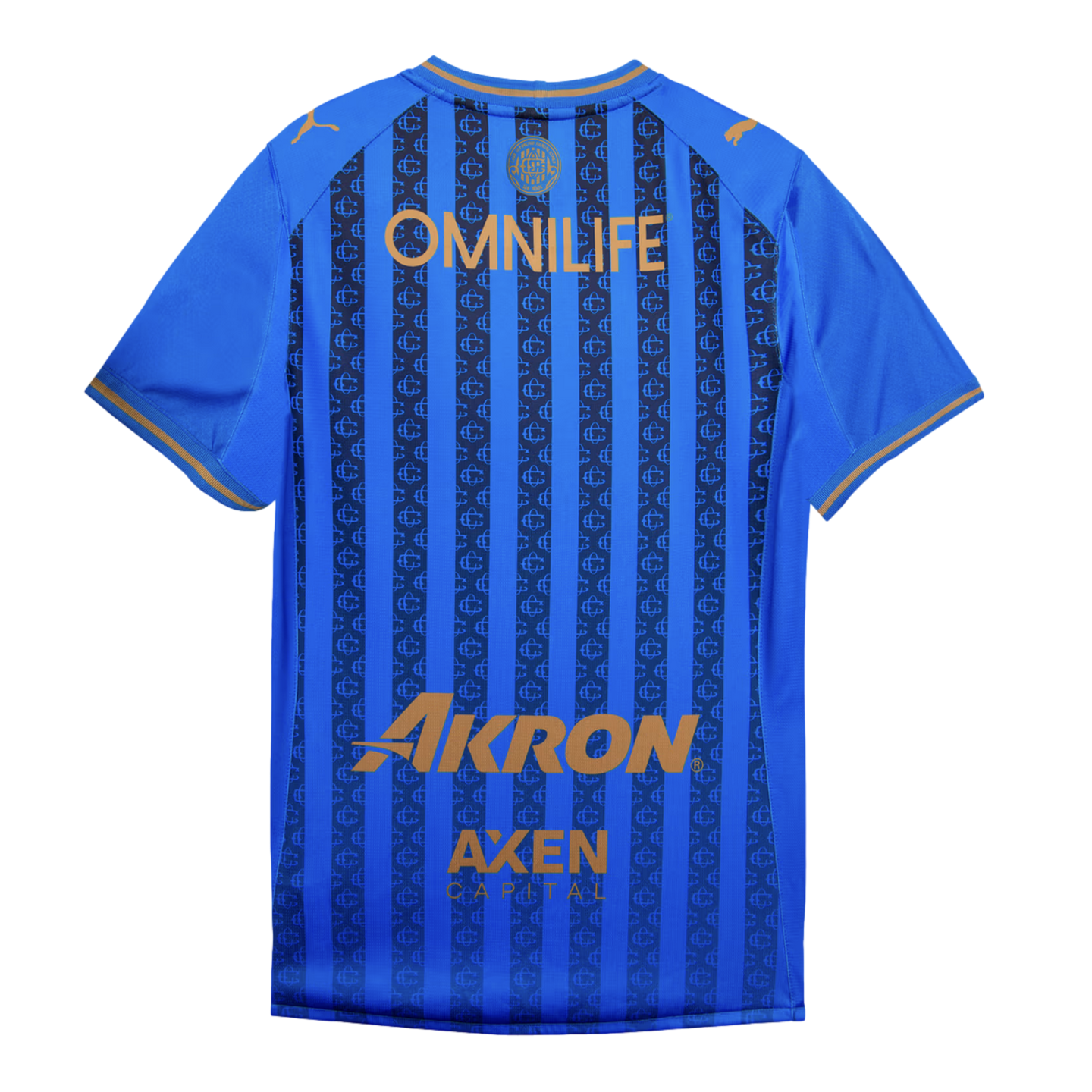 Back of a blue Puma soccer jersey with dark stripes and gold sponsors: OMNILIFE, Akron, and AXEN CAPITAL. Gold accents on the shoulders, collar, and sleeves.