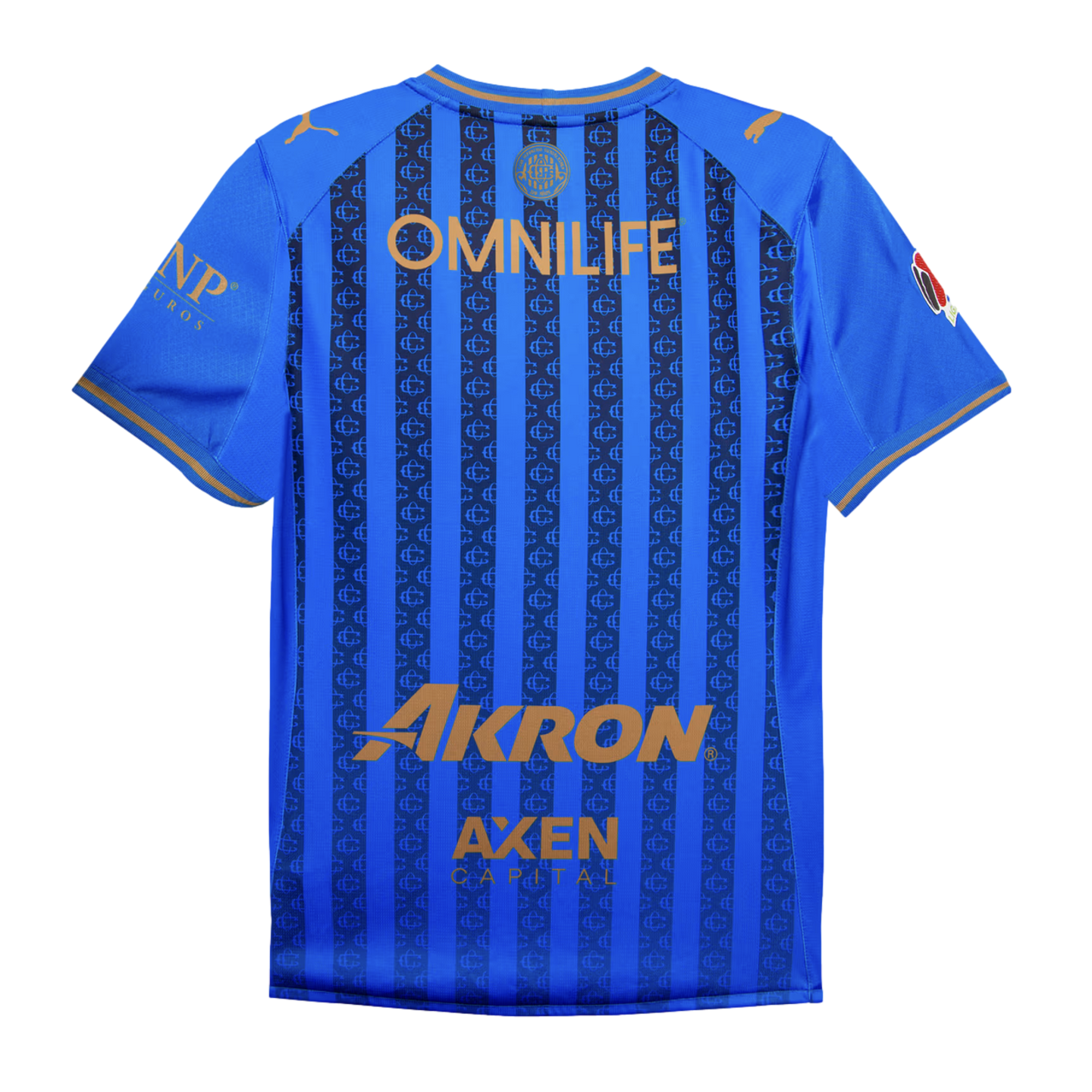 Back view of a blue soccer jersey with vertical stripes, featuring gold Puma logos and sponsors OMNILIFE, Akron, and AXEN Capital.