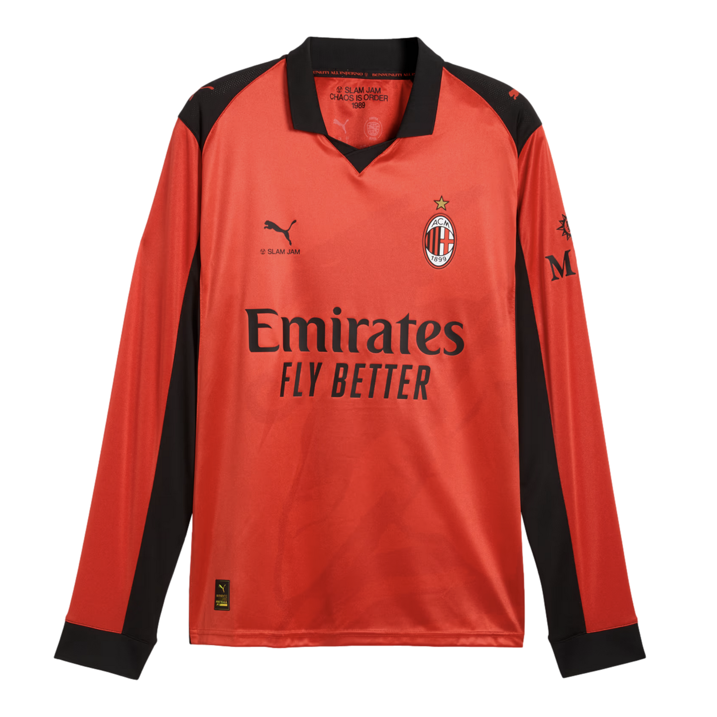 Long-sleeved red and black AC Milan soccer jersey with Puma, Slam Jam, and Emirates Fly Better logos.