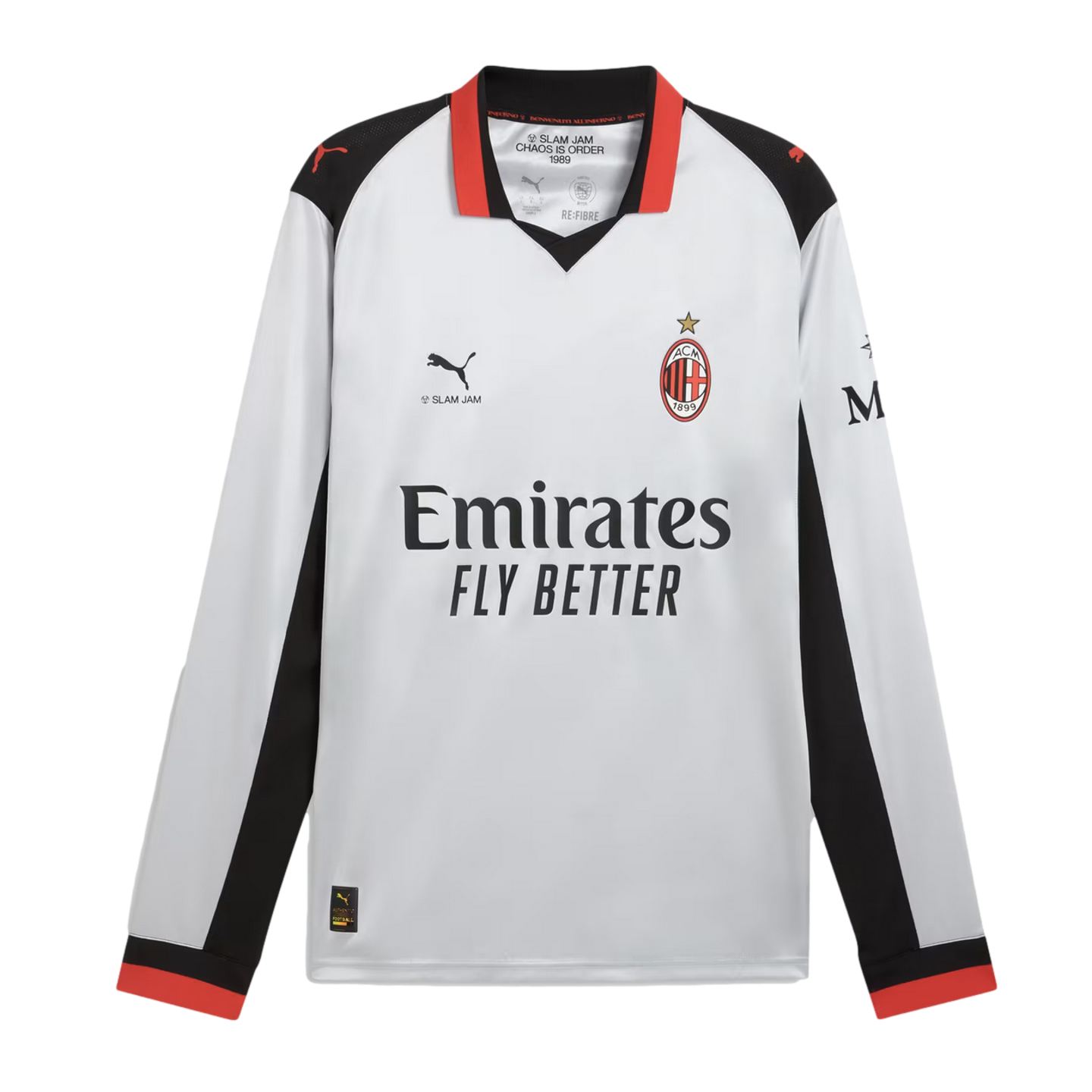 White long-sleeved AC Milan x Slam Jam jersey with black and red details, featuring the Emirates sponsor and club crest on the chest.