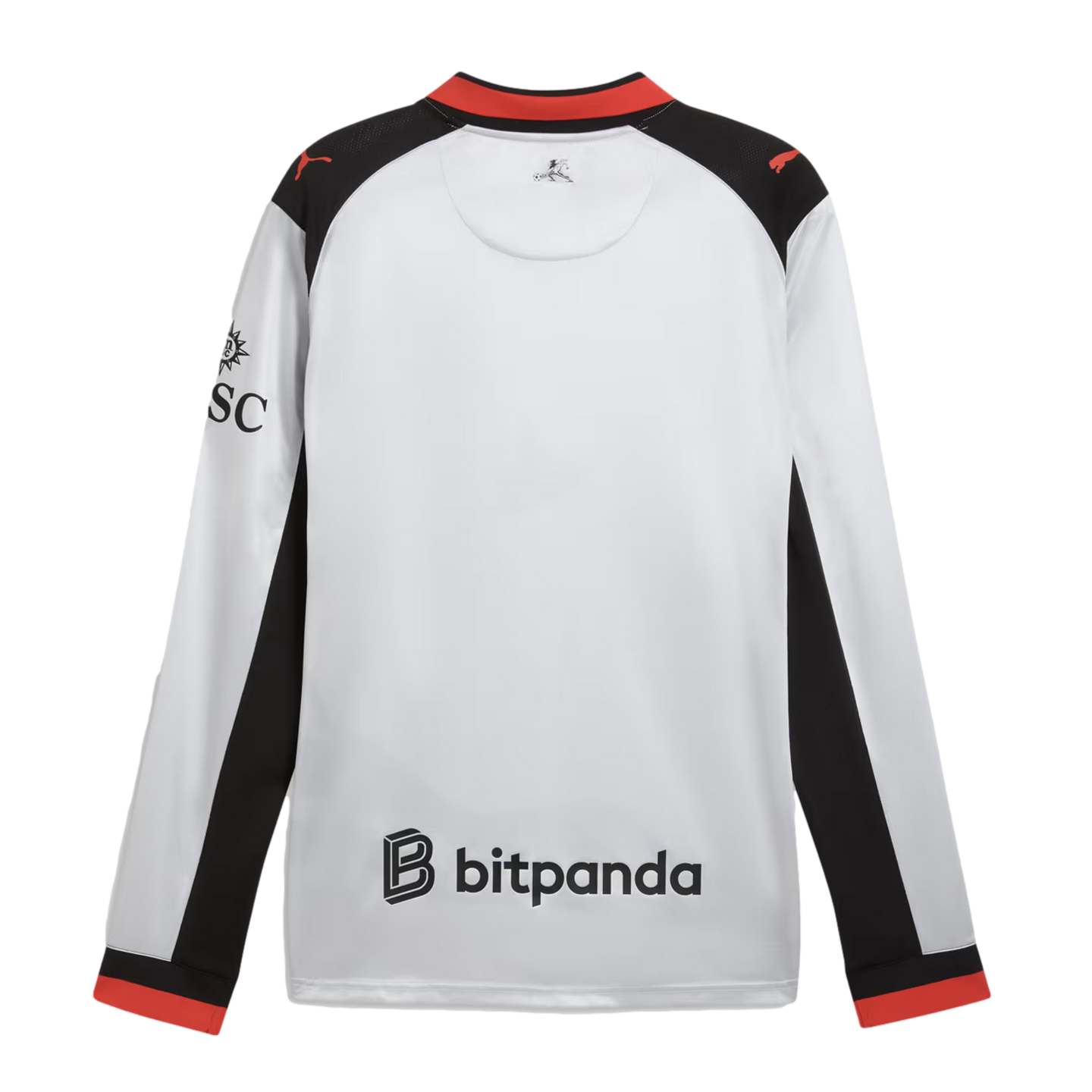 Back view of a white, black, and red long-sleeved jersey featuring Puma logos on the shoulders and a bitpanda logo on the lower back.