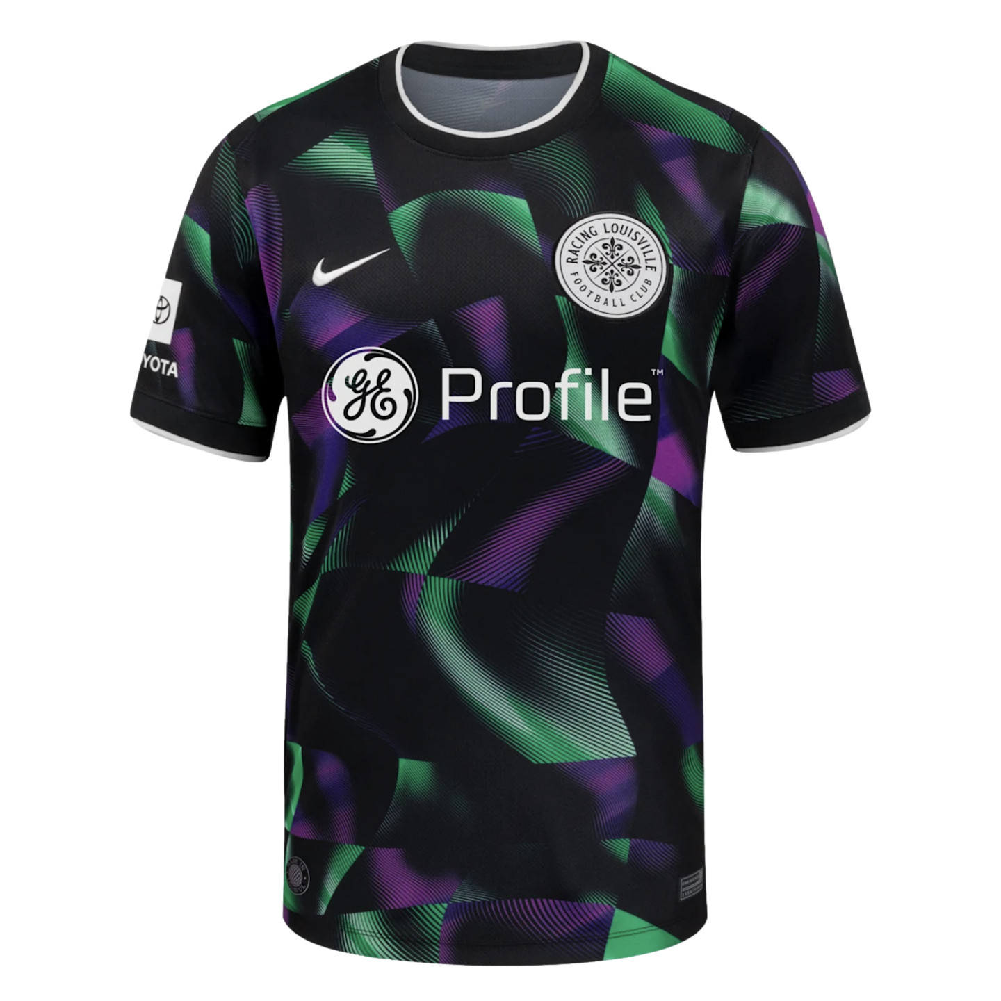 Black Racing Louisville FC soccer jersey with a vibrant green and purple geometric pattern, featuring the club crest and GE Profile sponsor logo.