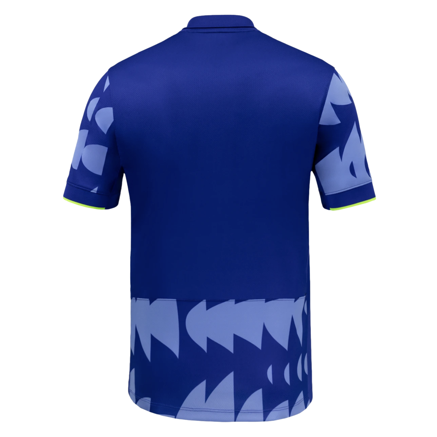 Back view of a blue polo shirt featuring light blue geometric patterns on the sleeves and lower hem, with thin neon yellow trim on the cuffs.