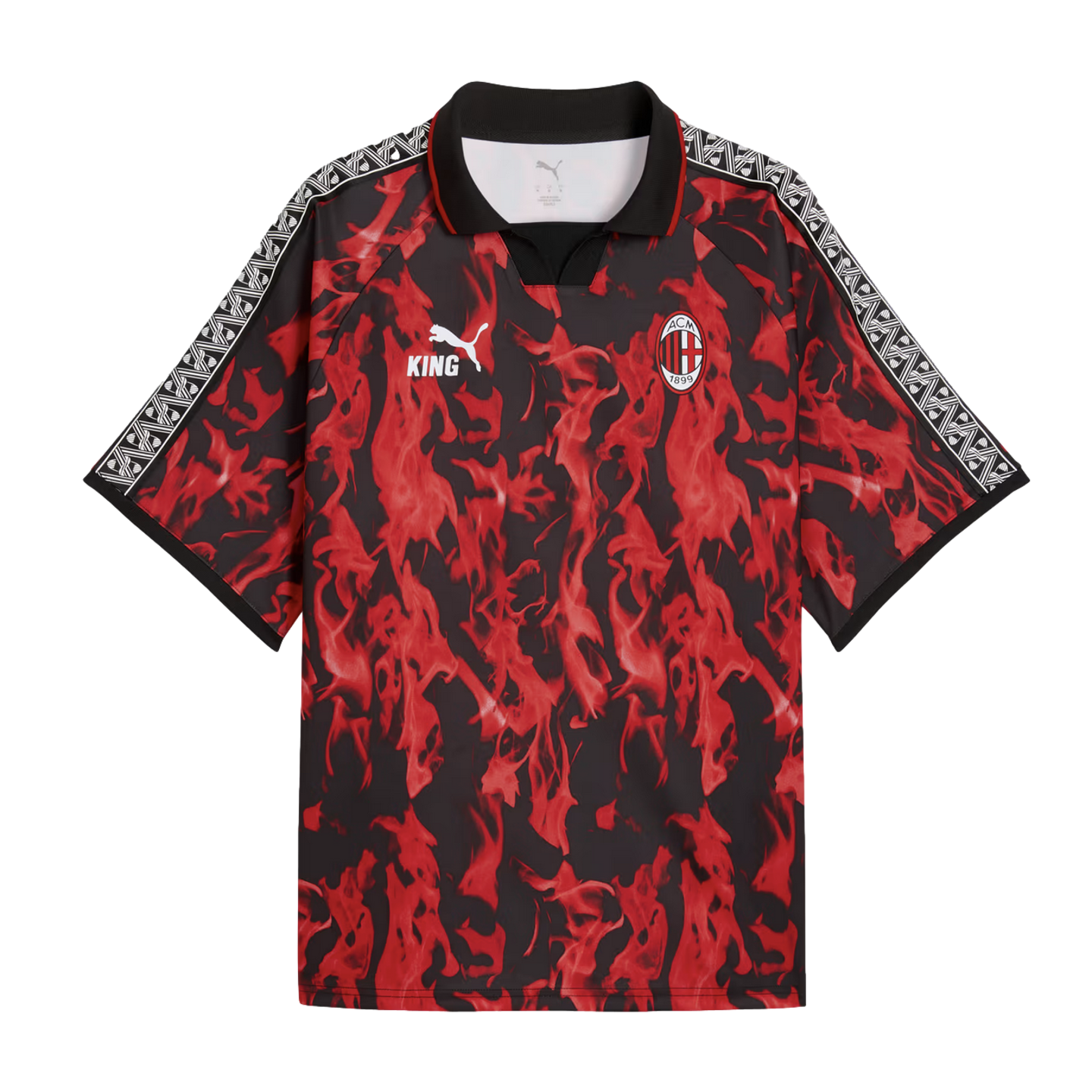 AC Milan x Puma King soccer jersey featuring a red and black flame pattern, black polo collar, and white geometric shoulder stripes.