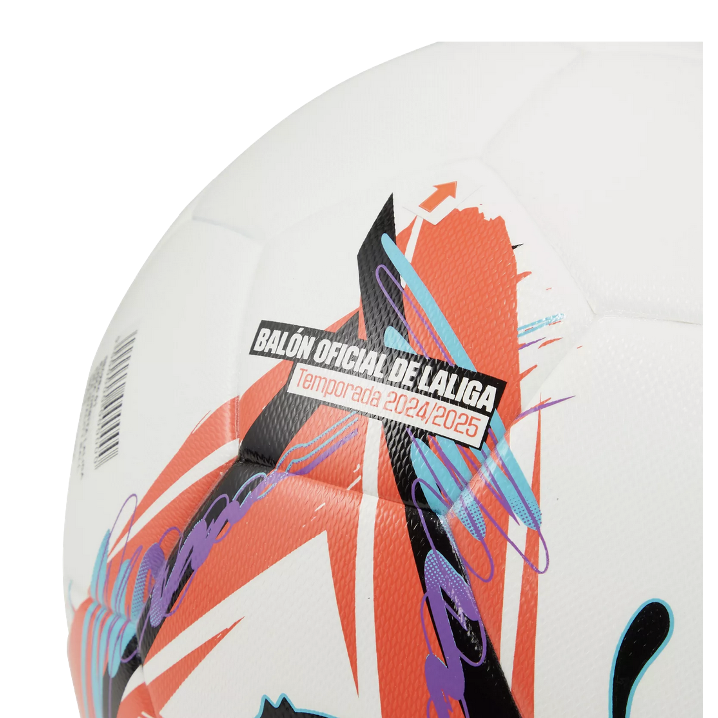A close-up of a white soccer ball with vibrant orange-red, black, purple, and blue graphics. Text on its surface reads "BALÓN OFICIAL DE LALIGA" and "Temporada 2024/2025."