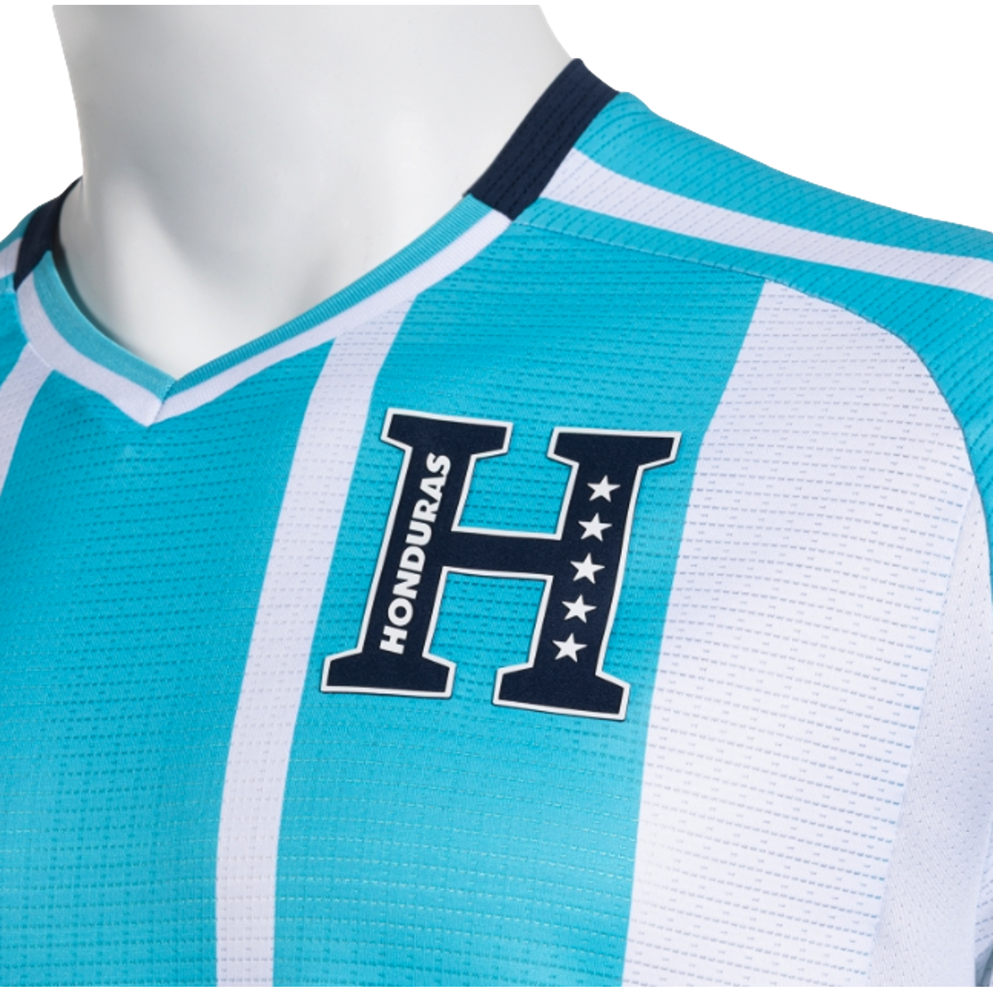 A close-up of a Honduras national team soccer jersey featuring light turquoise and white vertical stripes and a navy blue "H" logo with five stars.