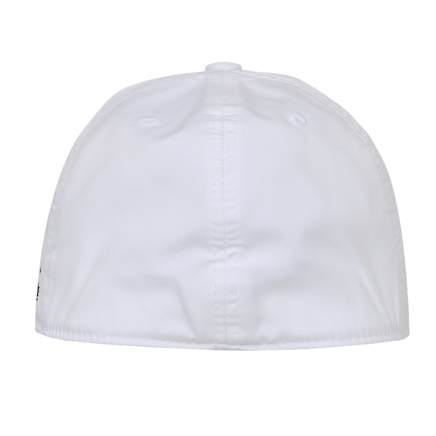 A back view of a plain white baseball cap centered against a solid black background.