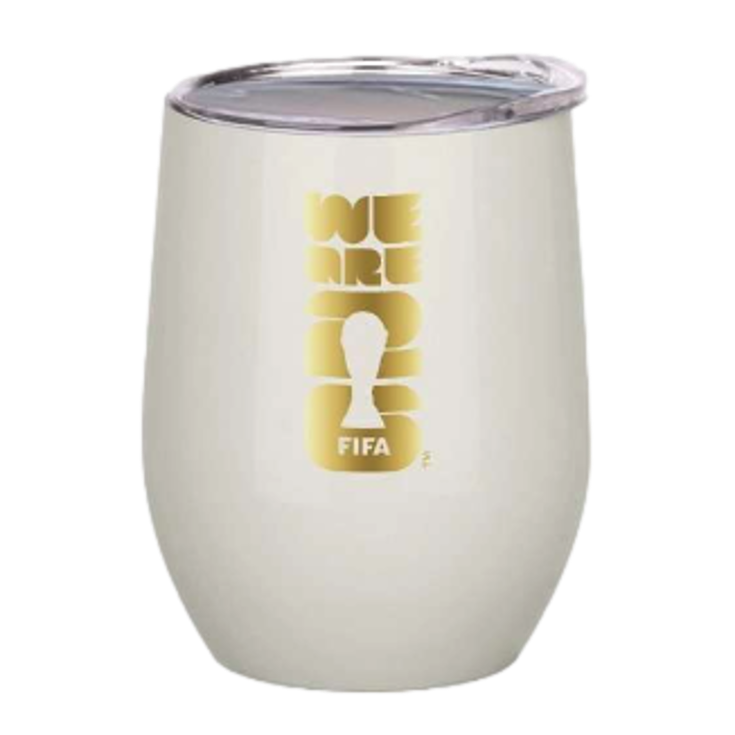 A white, egg-shaped insulated wine tumbler with a clear lid, featuring a gold 2026 FIFA World Cup logo on the front with the text "WE ARE 26" and a silhouette of the World Cup trophy.