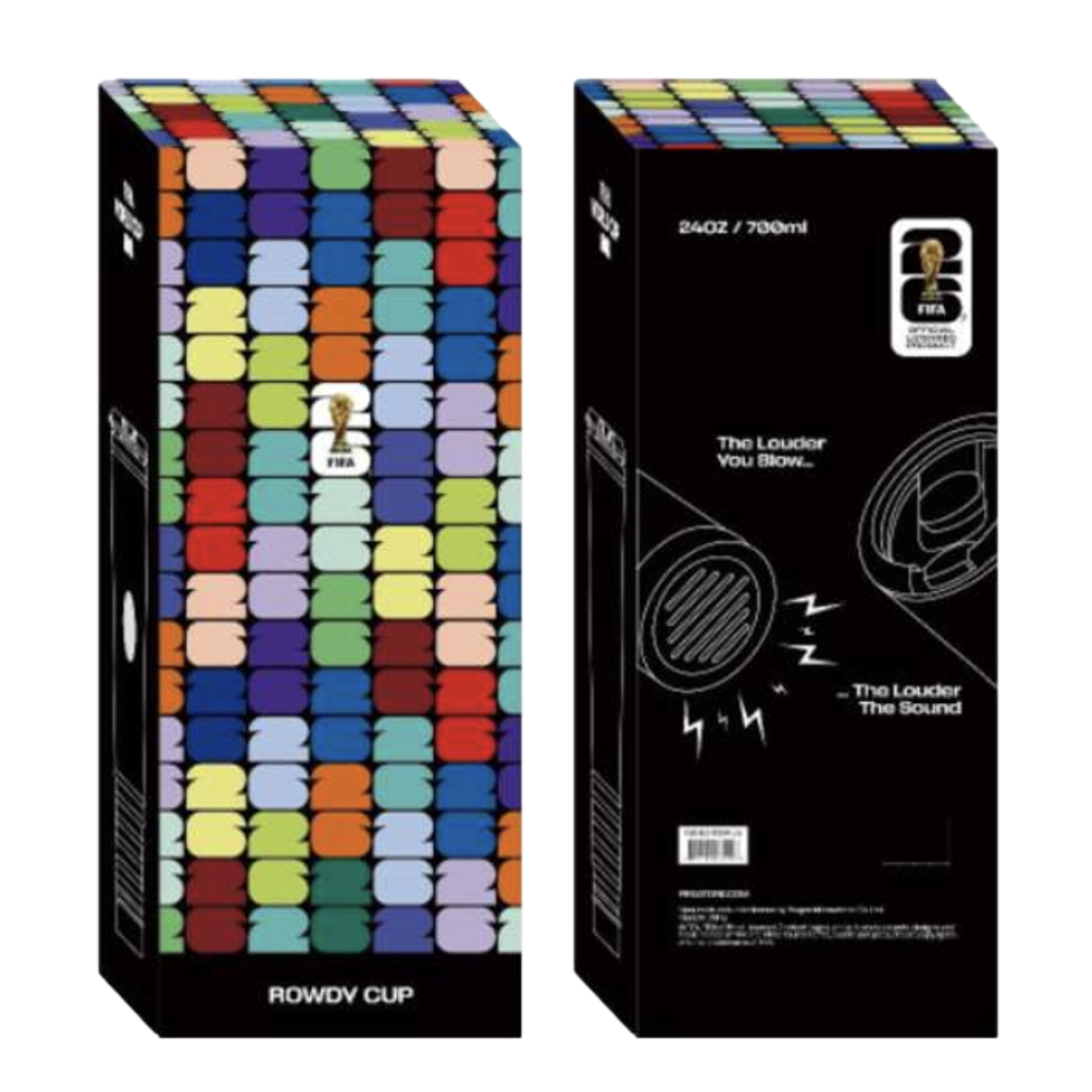 A photograph shows the front and back views of a tall, black rectangular box for a FIFA World Cup 26 "Rowdy Cup." The side on the left features a colorful, tiled pattern of the number "26" and the FIFA logo, with "ROWDY CUP" printed at the bottom. The sid