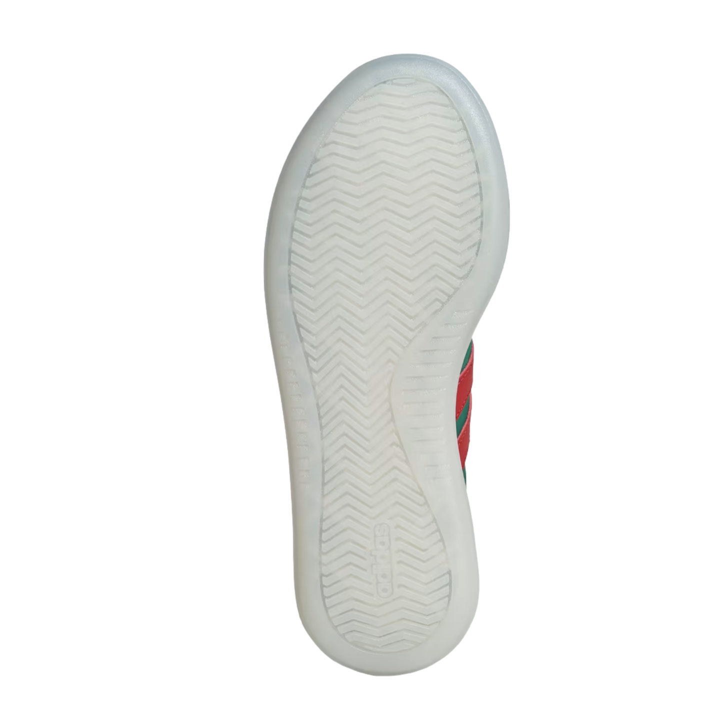 An underside view of a translucent white Adidas shoe outsole with a herringbone tread pattern, set against a black background.
