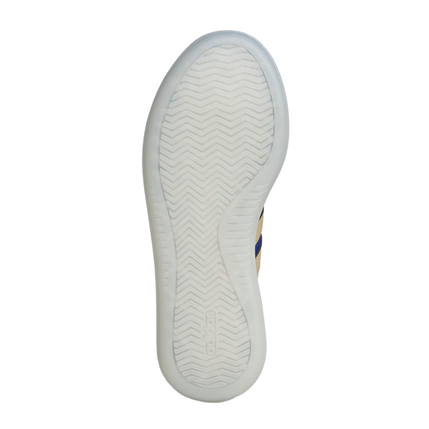 A direct bottom view of a white, semi-translucent Adidas sneaker outsole featuring a textured herringbone tread pattern, set against a black background.