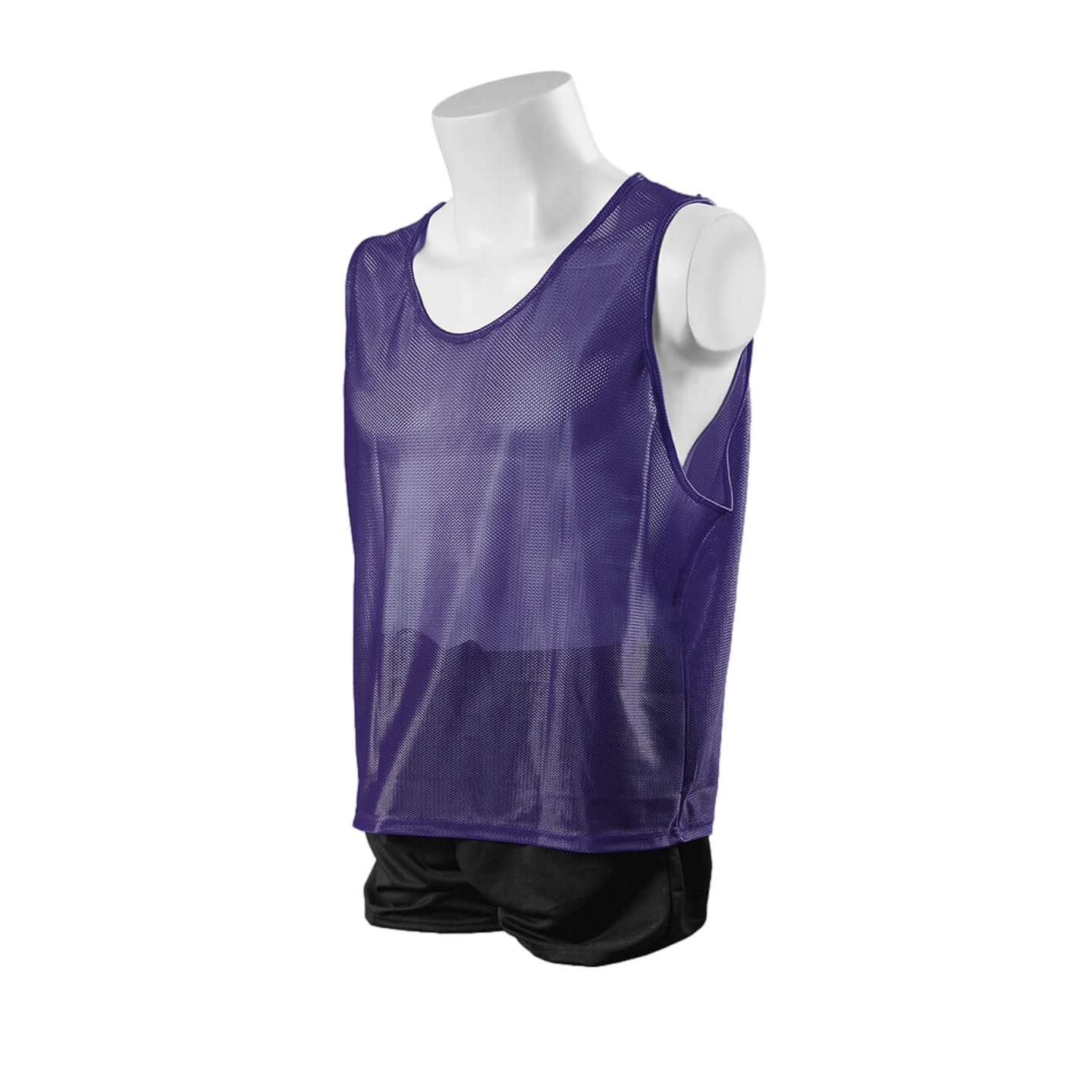 A purple mesh sports training bib displayed on a white torso mannequin against a solid black background. The sleeveless vest features a scoop neck and wide armholes and is worn over black athletic shorts.