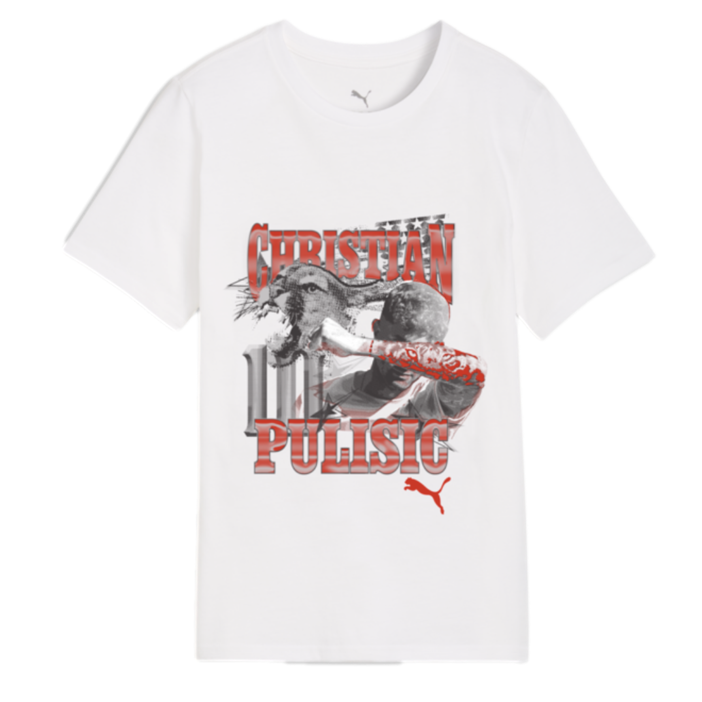White Puma t-shirt with a graphic print of soccer player Christian Pulisic, featuring his name in red, an image of him, a cougar, and an American flag theme.