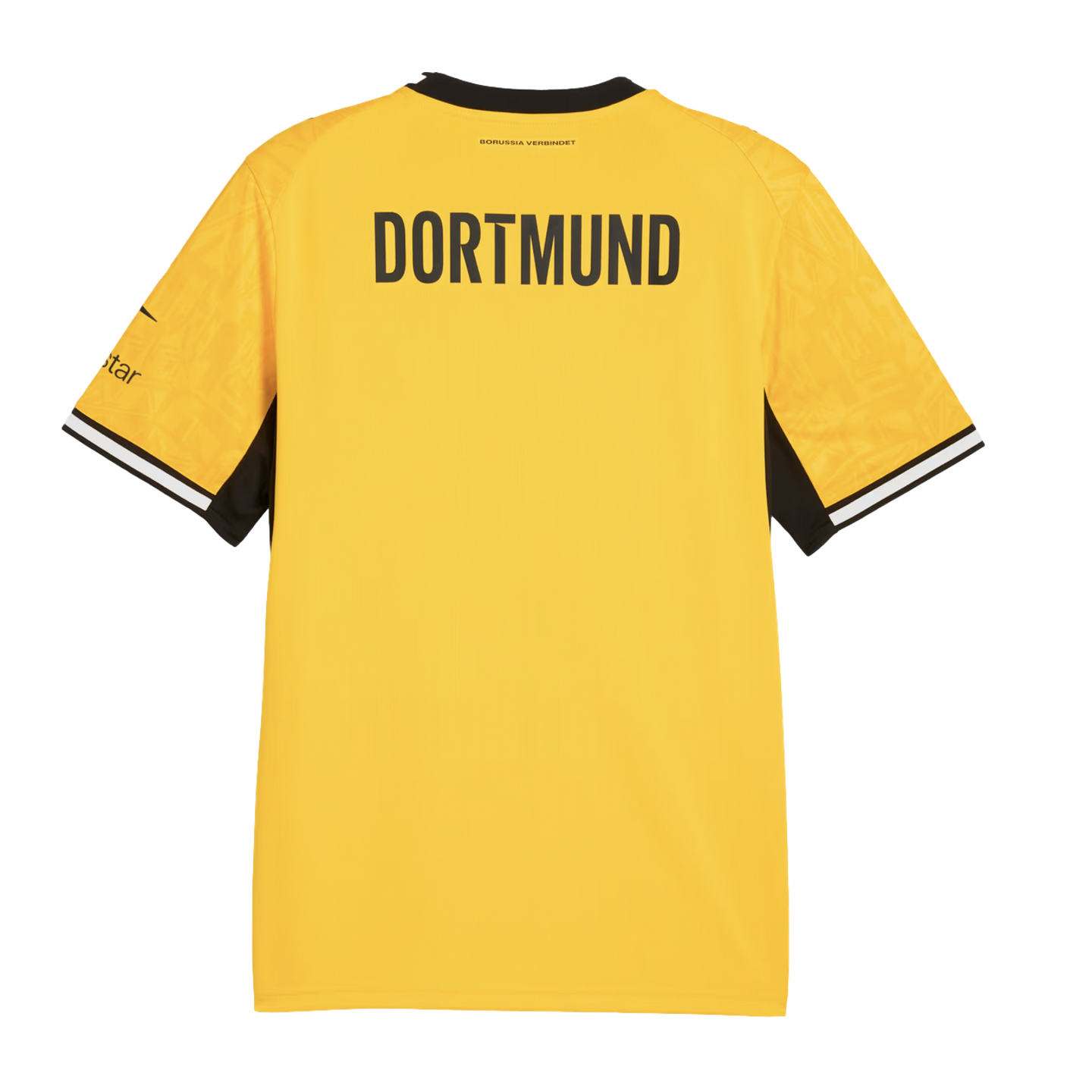 Back view of a yellow Borussia Dortmund jersey with "DORTMUND" in large black letters, black and white striped sleeve cuffs, and a subtle geometric pattern.