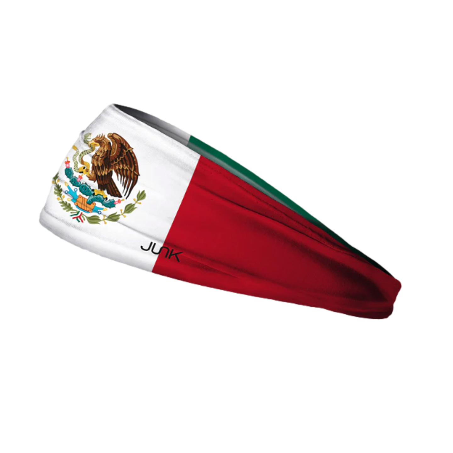 Mexican flag headband with the coat of arms on the white section, red and green fabric, and a small JUNK logo, shown against a black background.