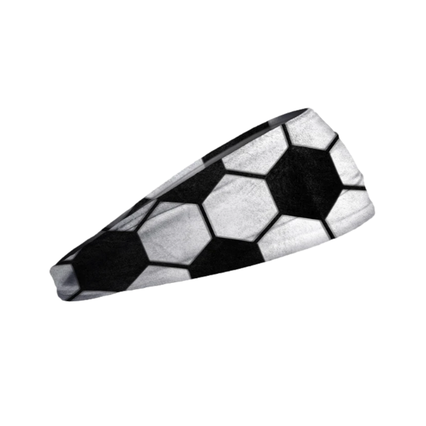 A headband featuring a black and white soccer ball pattern, displayed diagonally against a black background.