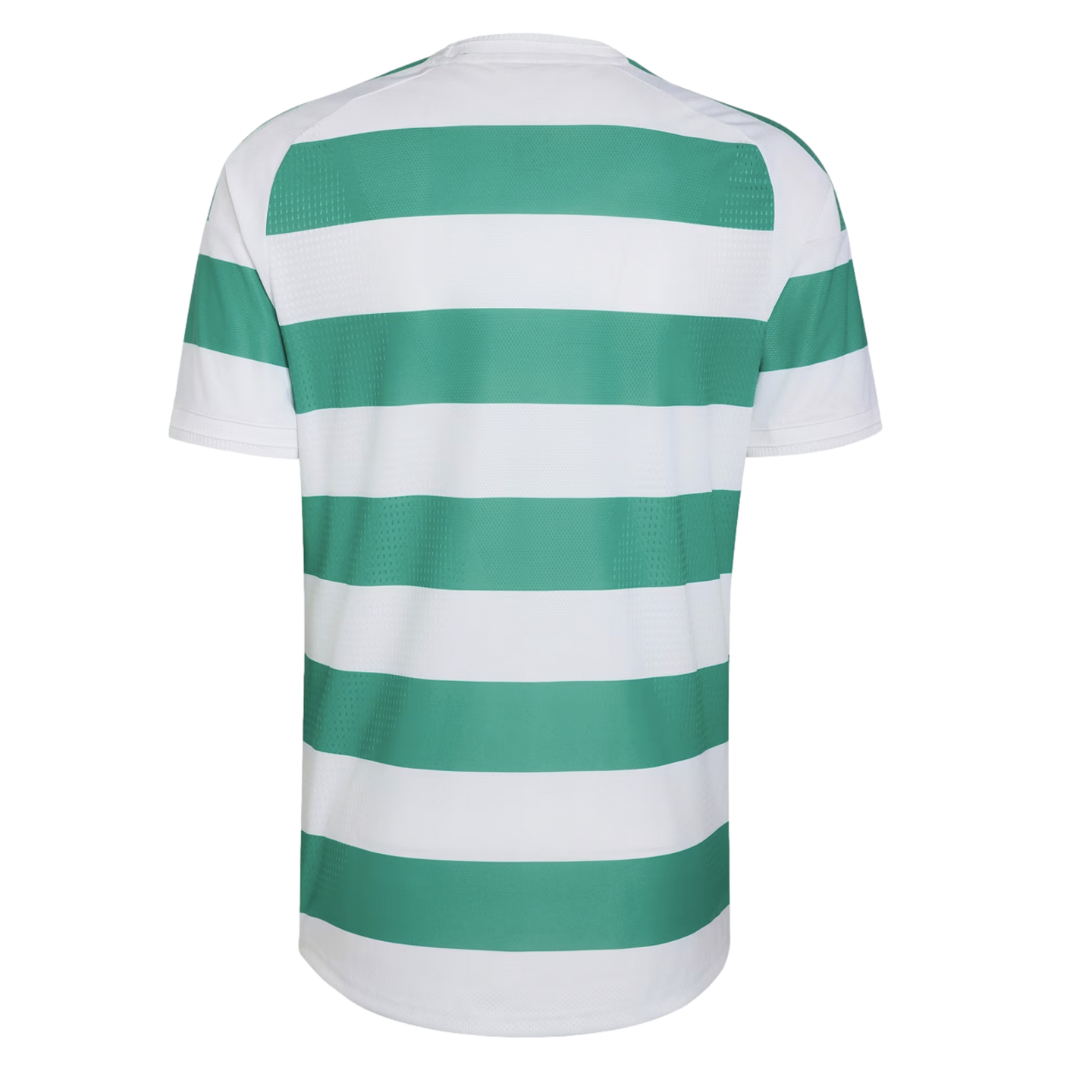 Back view of a short-sleeved football jersey featuring green and white horizontal stripes, or hoops. The top neck area and sleeve cuffs are white.