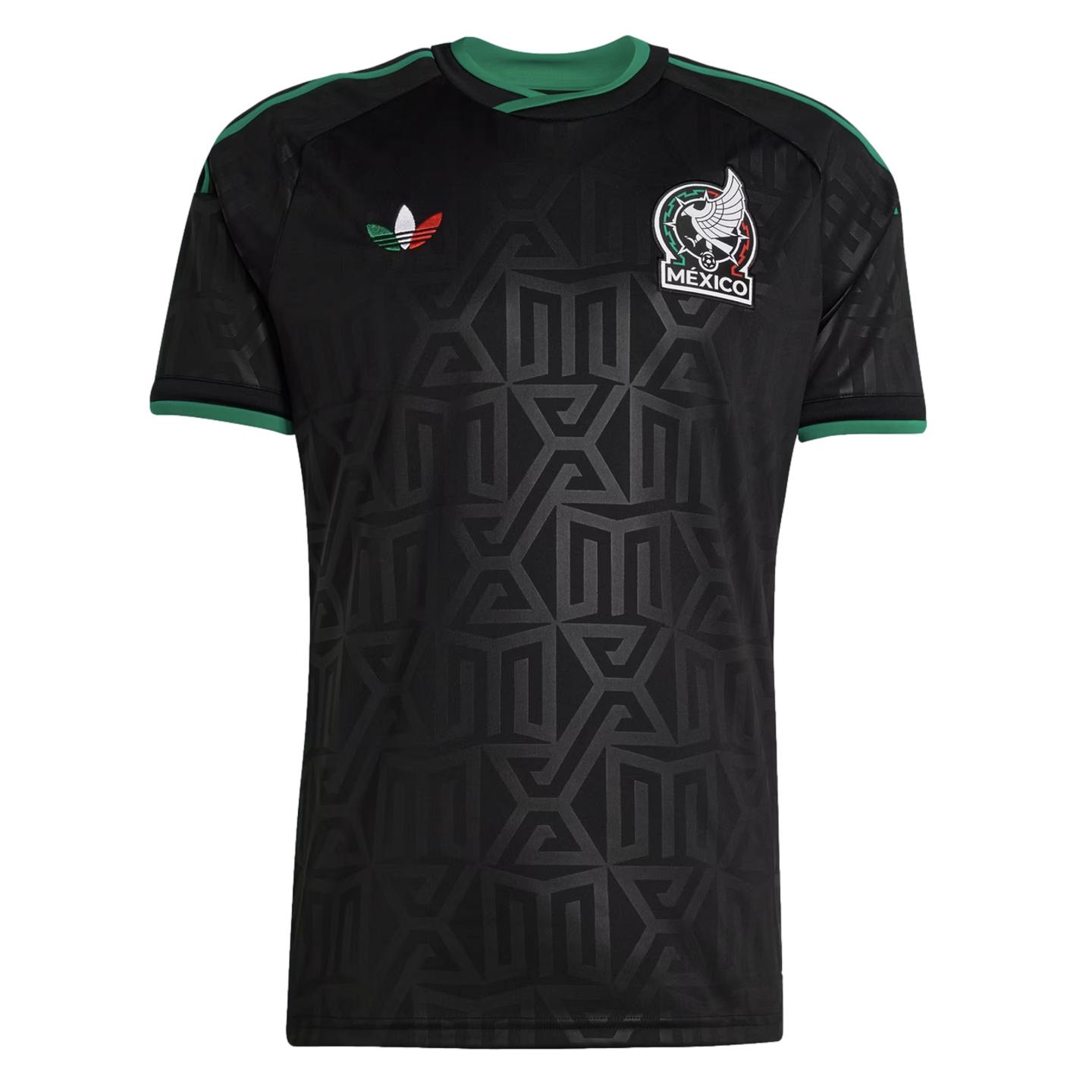 Black Mexico national team jersey with green trim, a tonal geometric pattern, a tricolor Adidas trefoil, and the official federation crest.