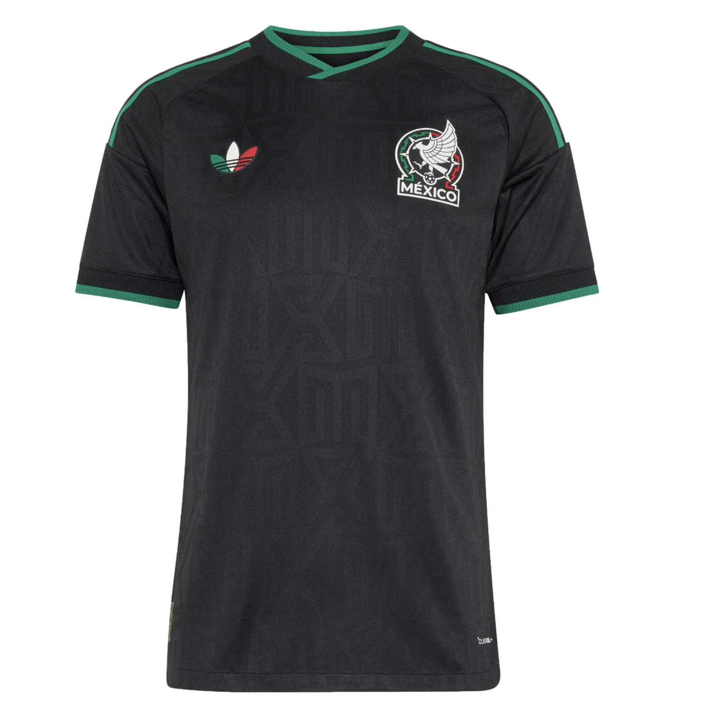 Black Mexico soccer jersey with green trim, a tricolor Adidas logo, and team crest. Tonal geometric patterns are visible on the black fabric.