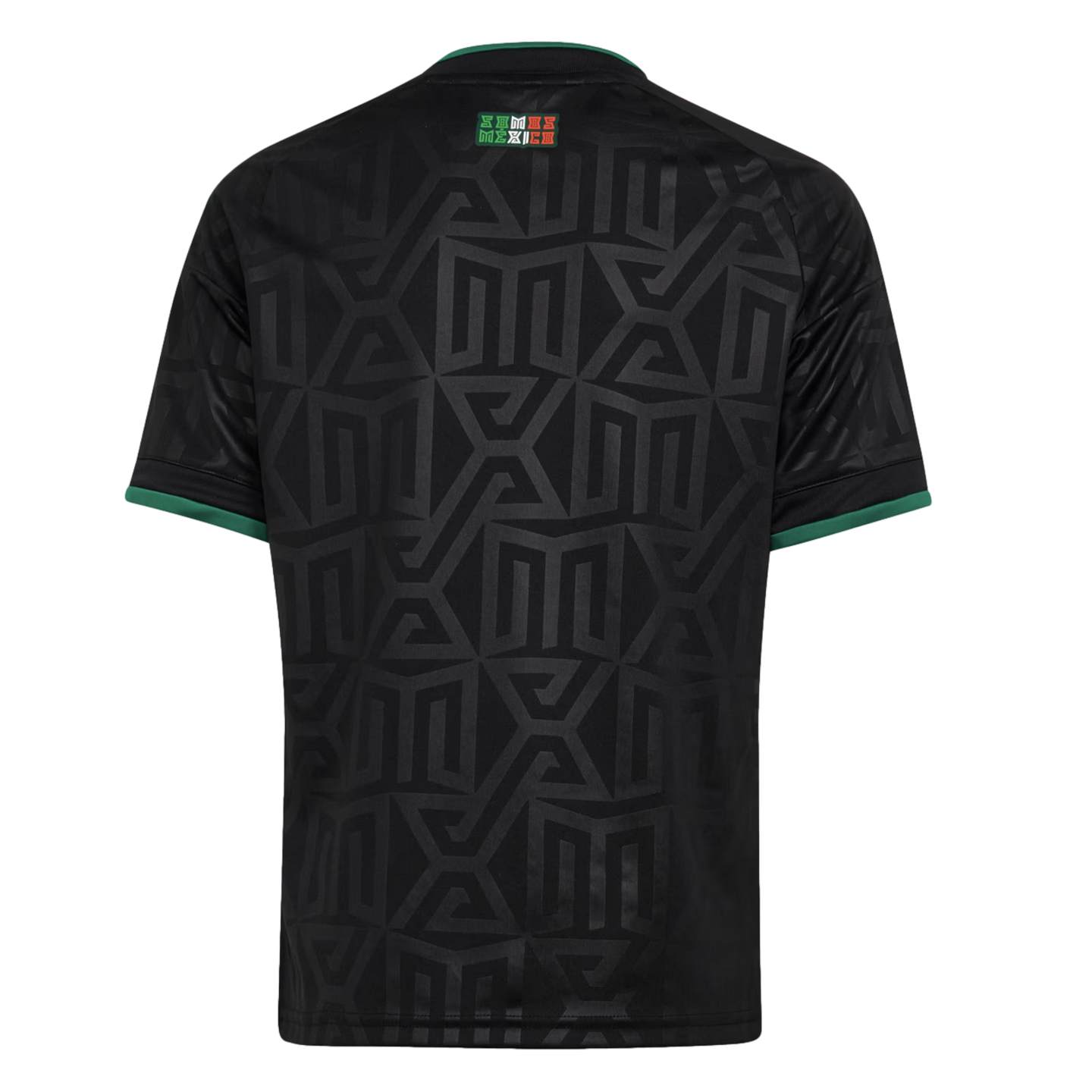 The back of a black soccer jersey featuring a subtle tonal geometric pattern, green accents on the collar and cuffs, and a small "SOMOS MEXICO" logo on the upper back.