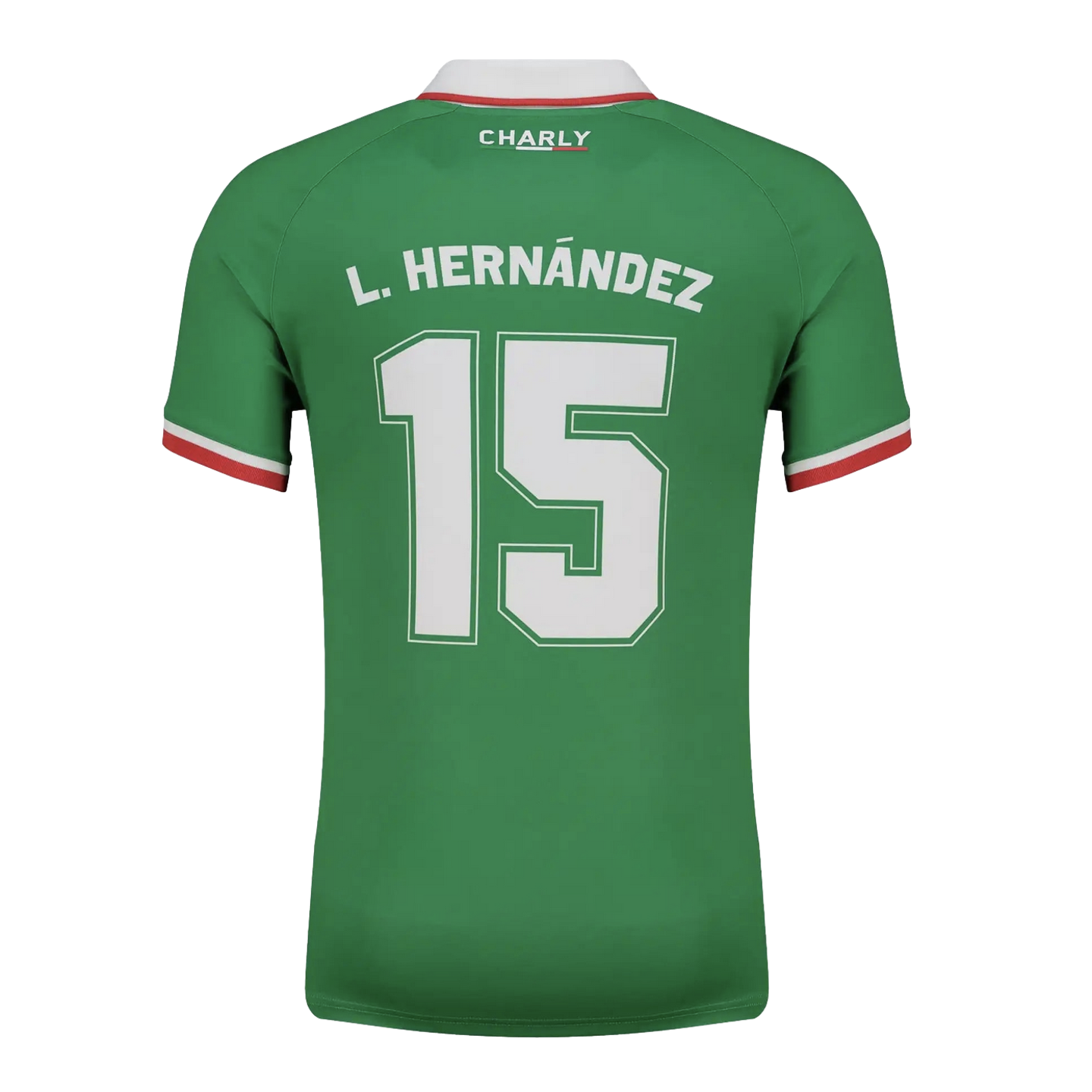 Back view of a green soccer jersey with "L. HERNÁNDEZ" and the number 15 in large white text. Features Charly branding and red, white, and green trim on the collar and sleeves.
