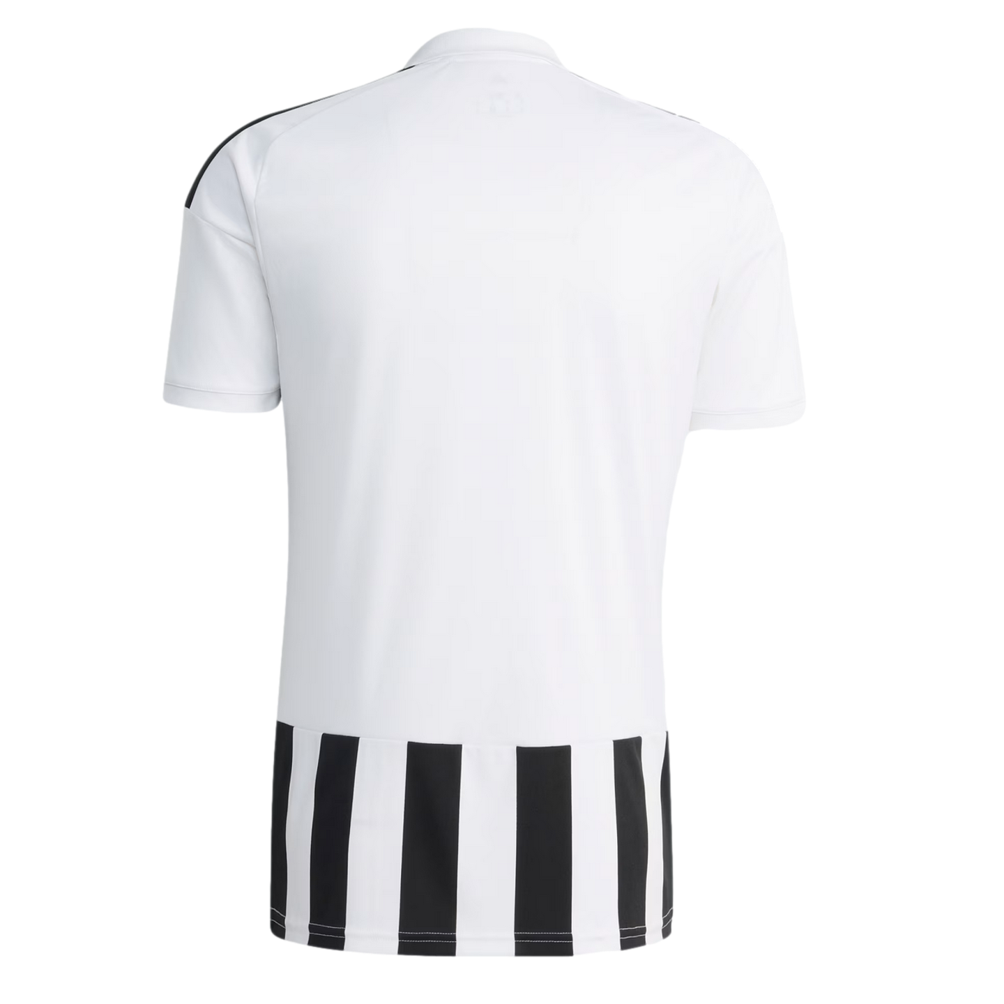 The back view of a white short-sleeved jersey with black vertical stripes at the bottom and black stripes on the shoulders.