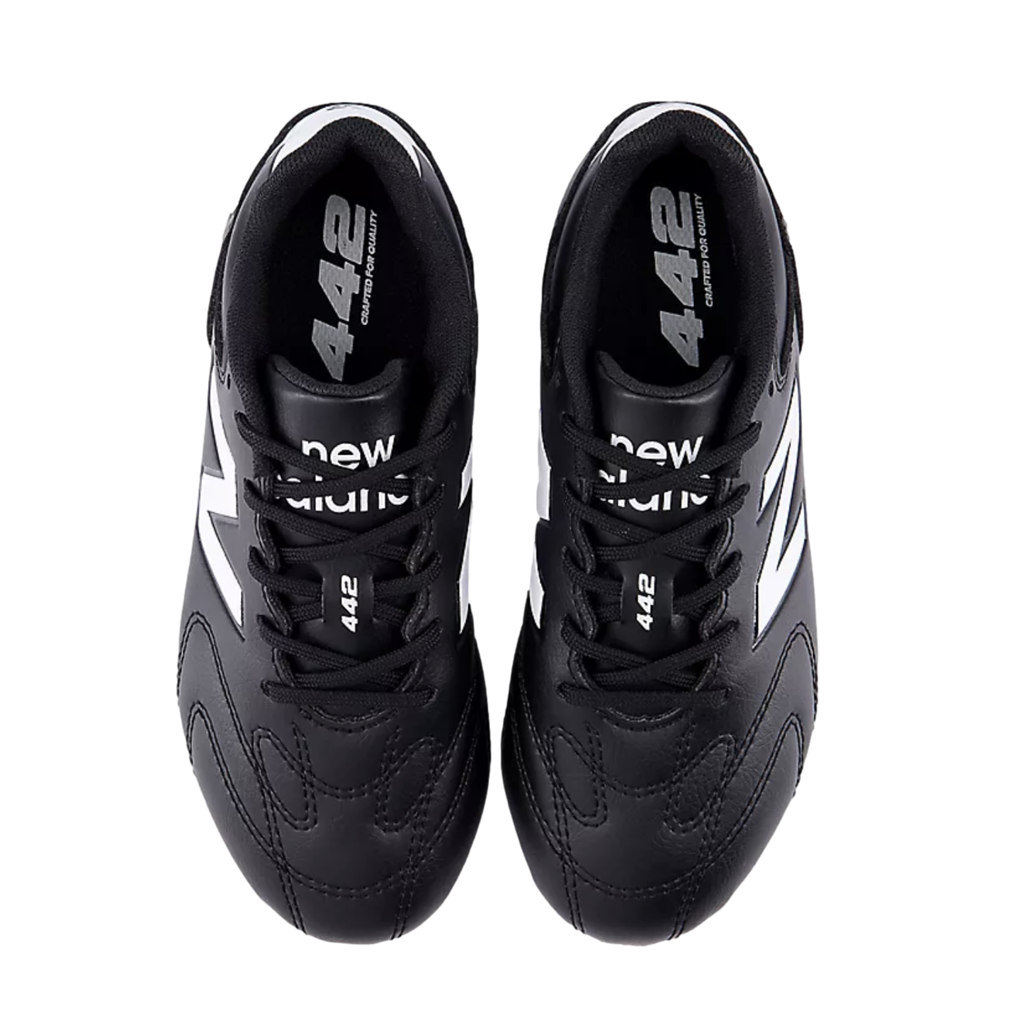A top-down view of black New Balance 442 soccer cleats with white branding on a plain white background.