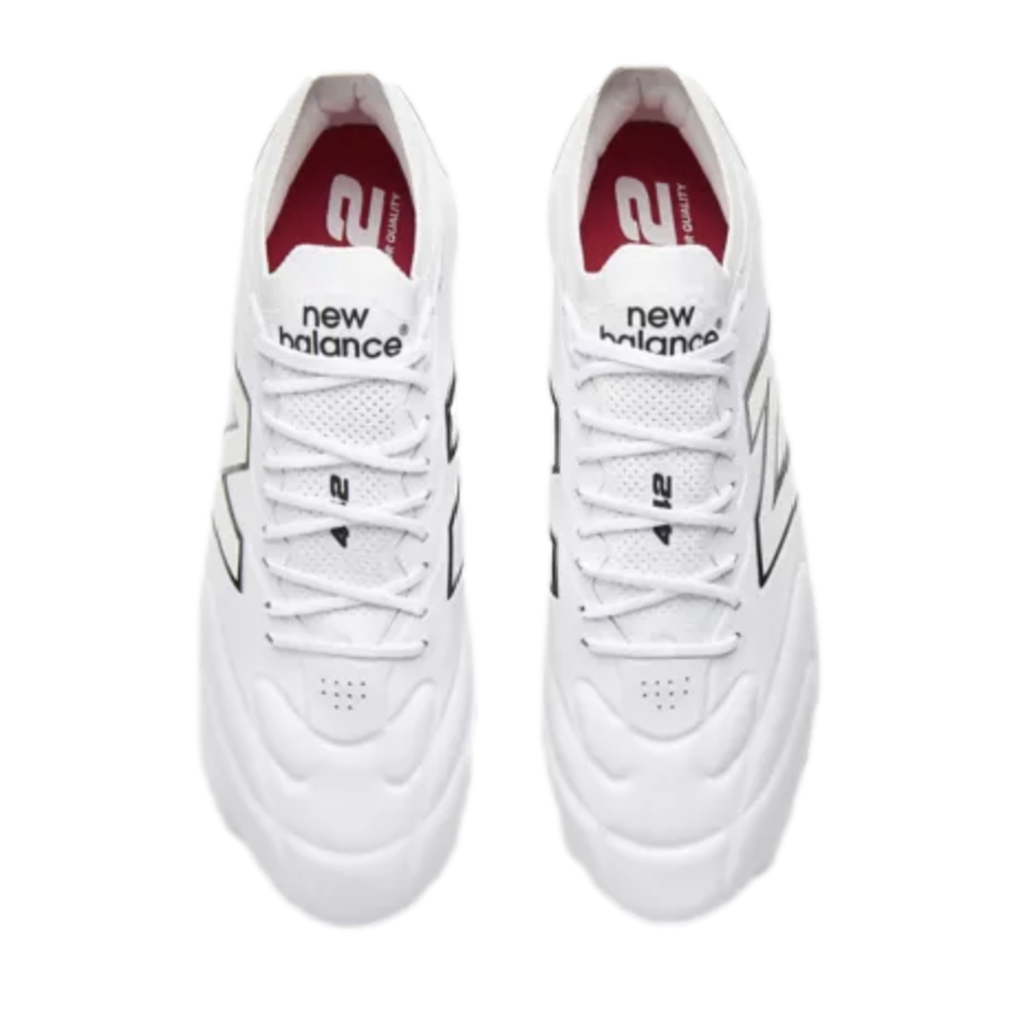 Top-down view of white New Balance athletic shoes with white laces and black logo accents.