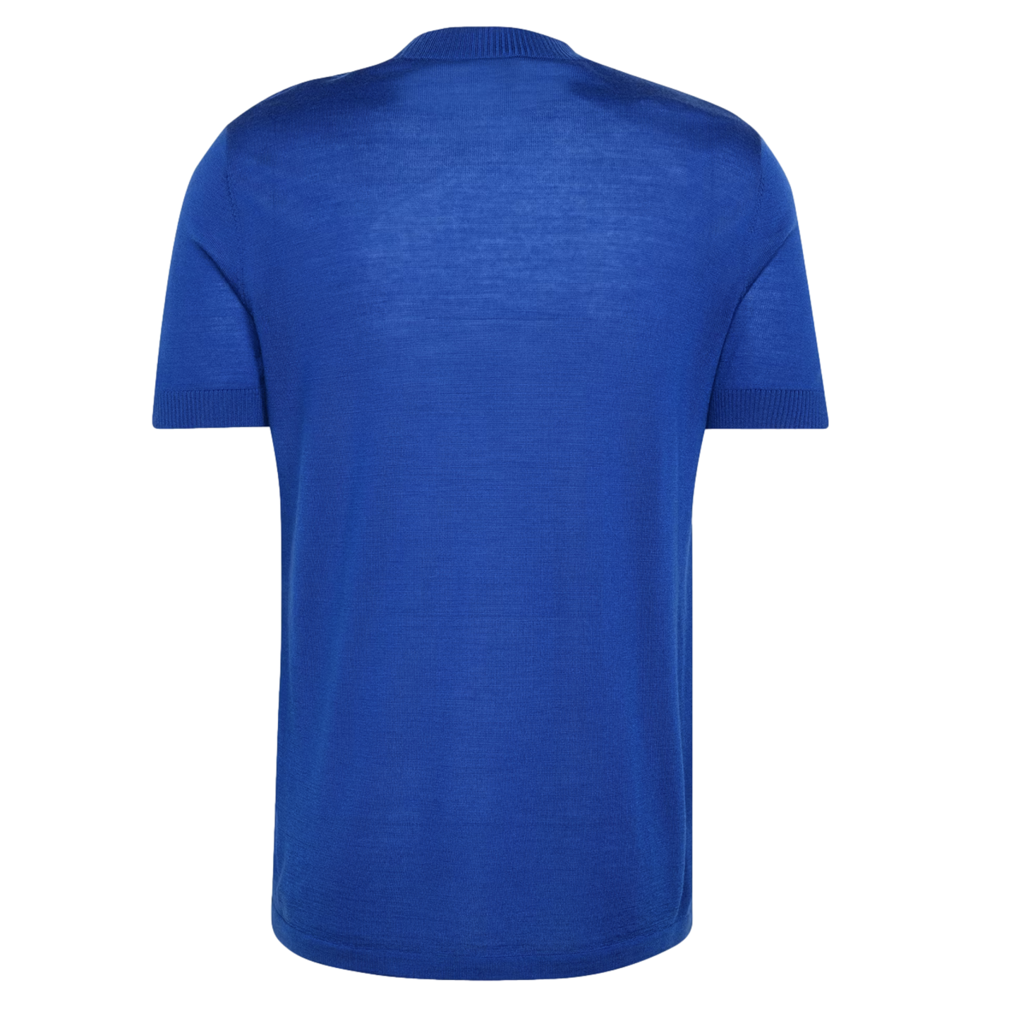 Rear view of a royal blue short-sleeved knit polo shirt with ribbed cuffs and collar on a white background.