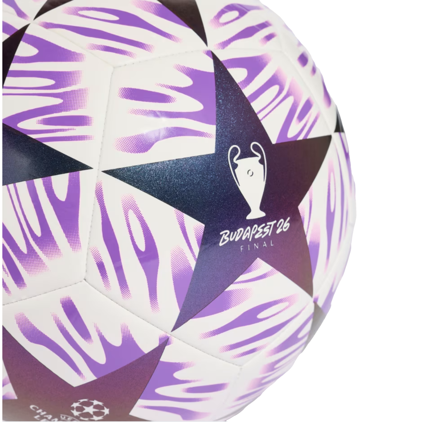 Close-up of a white soccer ball featuring purple wavy patterns and dark blue stars. One star displays a trophy icon and the text "BUDAPEST 26 FINAL".