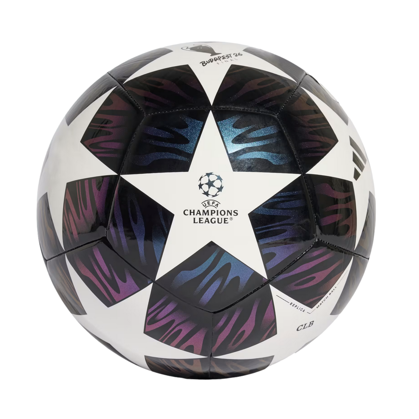 An Adidas UEFA Champions League Budapest 26 final replica football featuring white star panels and iridescent purple and blue patterns on a white background.