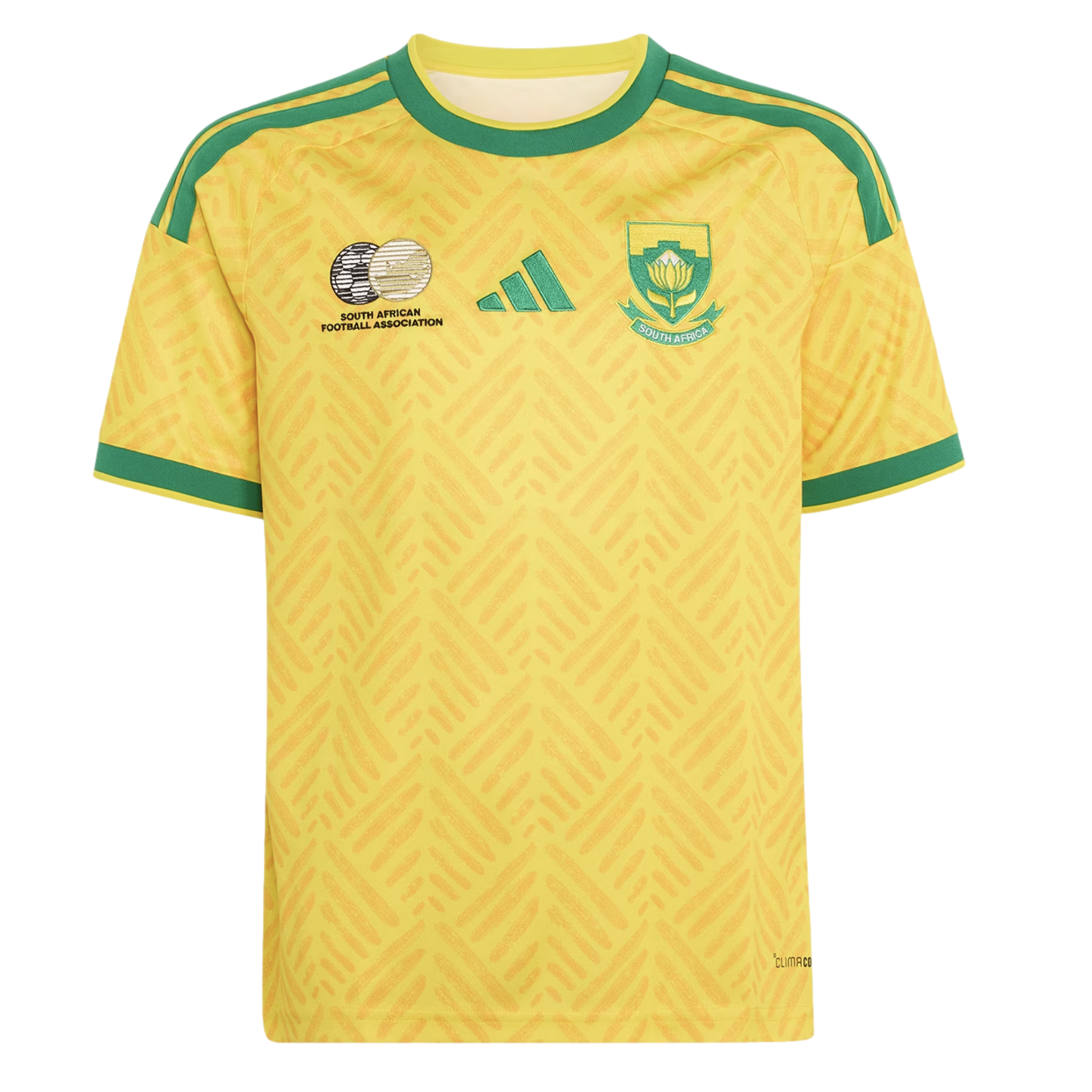 A yellow South Africa national football jersey with green trim, featuring a sublimated hatched pattern, the Adidas logo, SAFA logo, and national team crest.