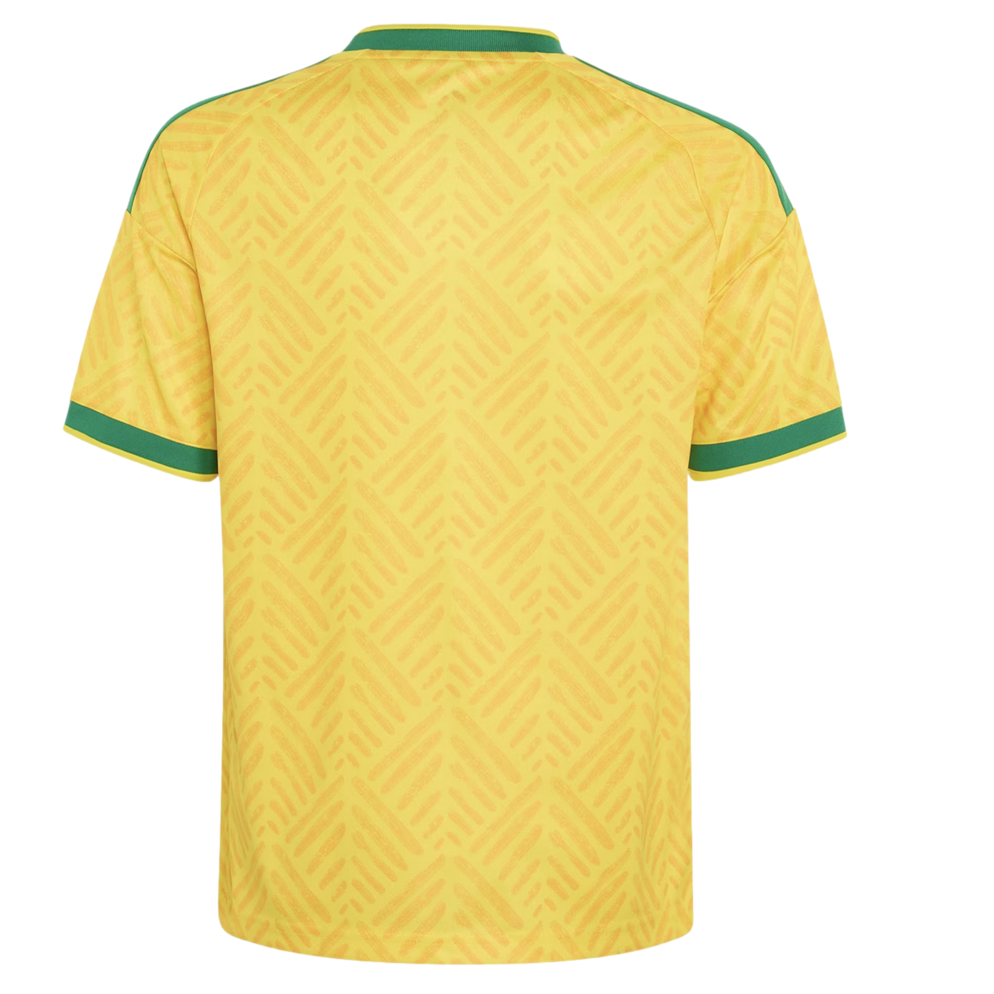 Back view of a yellow sports jersey with green trim on the collar and sleeves, featuring a subtle diagonal hatch pattern.