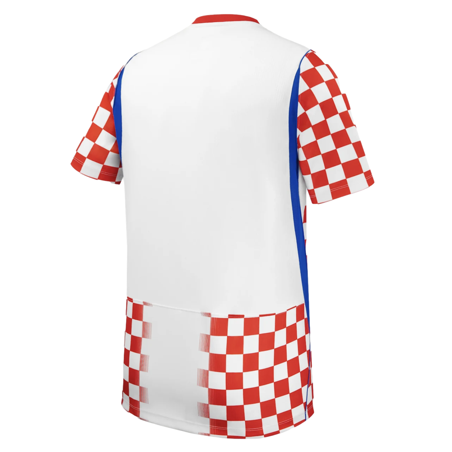 Back of a white soccer jersey with red and white checkered sleeves and lower back, blue side panels, and a red collar.