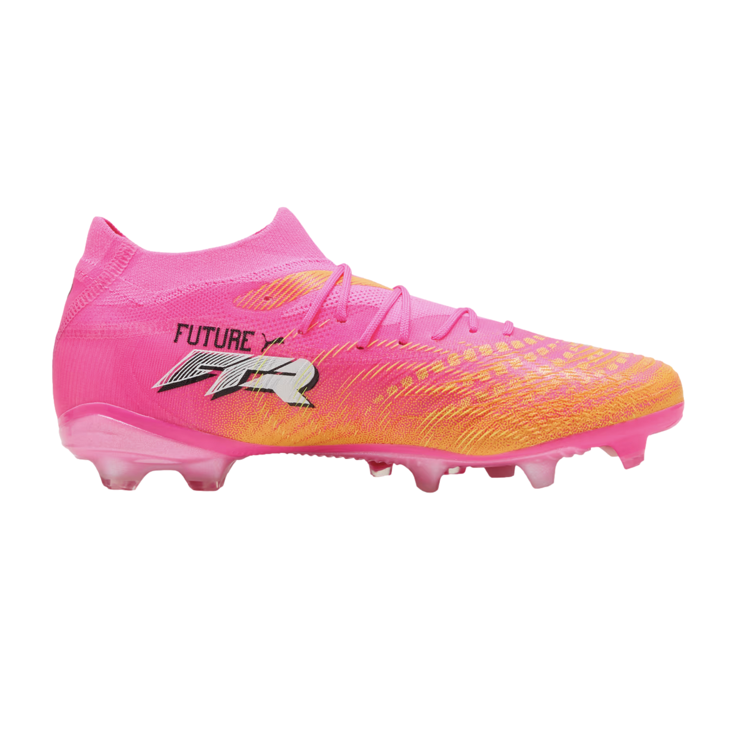 A pink and orange Puma Future soccer cleat with a textured upper and translucent studs, shown from the side against a white background.