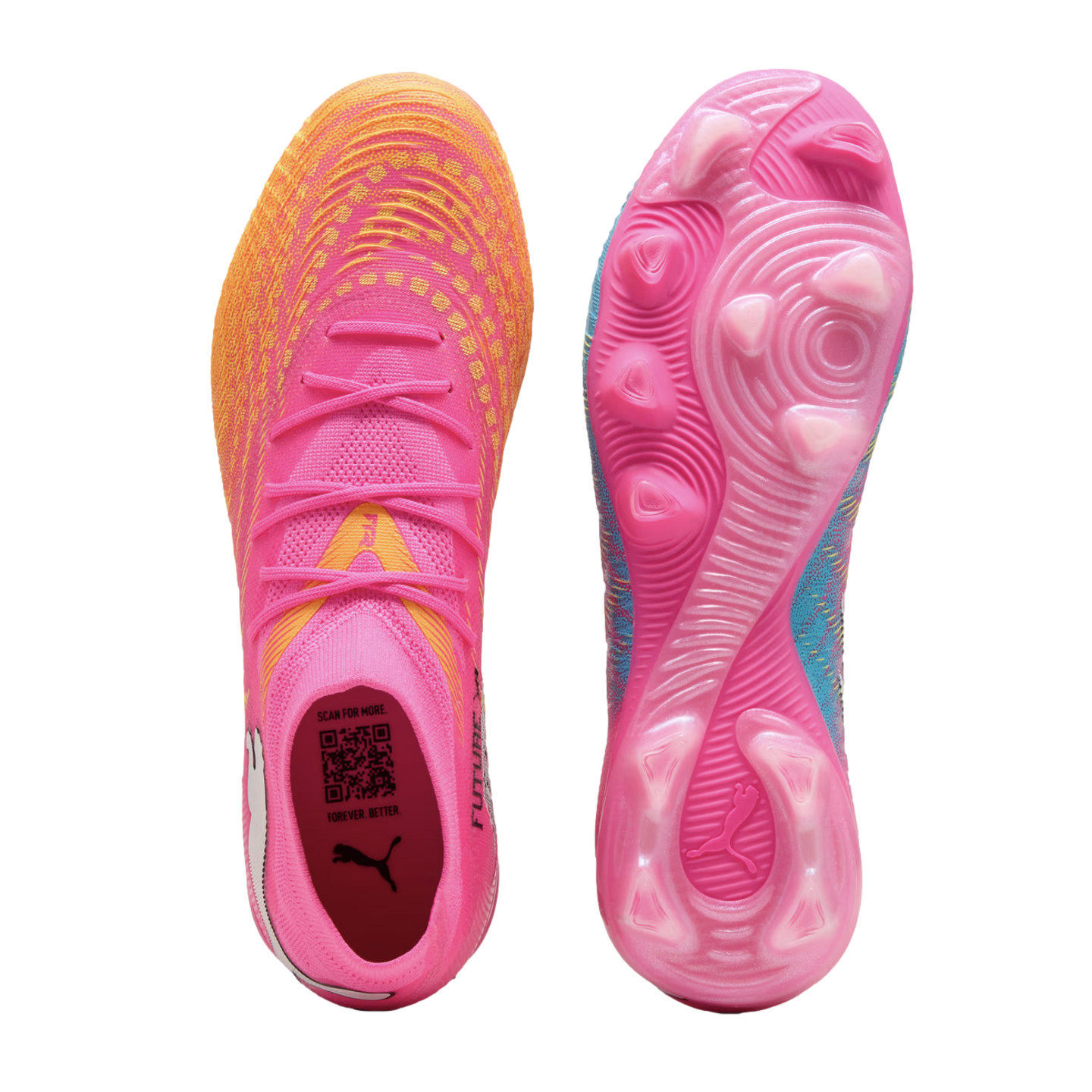 Top and bottom views of a Puma Future soccer cleat in a vibrant pink, orange, and blue colorway, showing its textured upper and studded outsole.