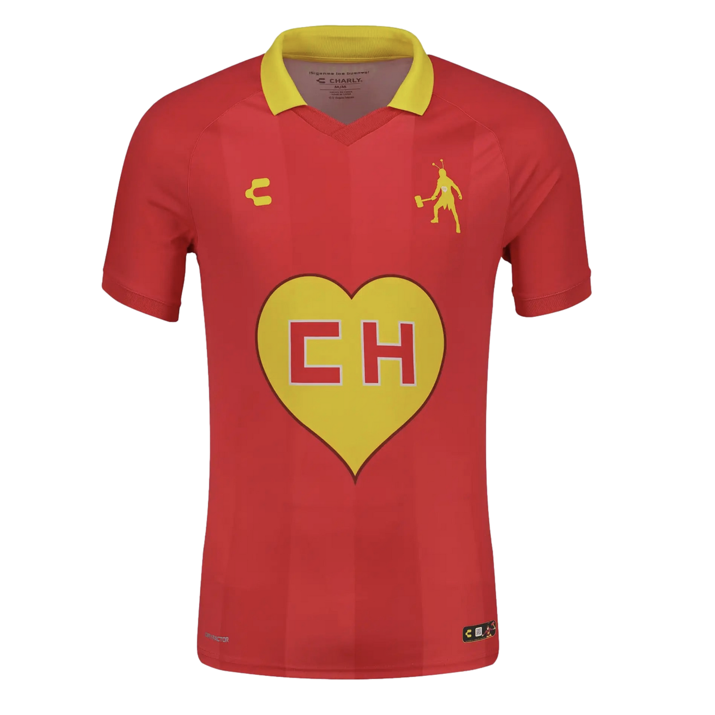 Red Charly soccer jersey with a yellow collar, featuring a large yellow heart with "CH" on the chest and a yellow silhouette of El Chapulín Colorado on the upper left.