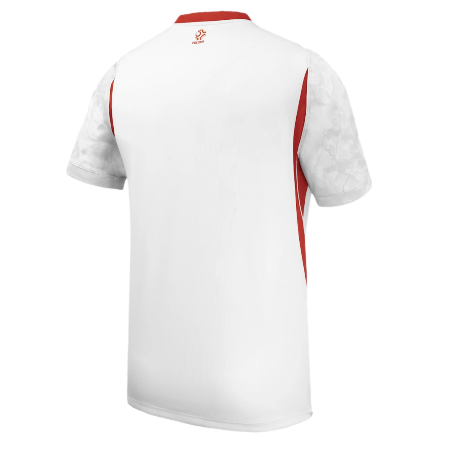 Back view of a white sports jersey with red side panels and collar, featuring patterned short sleeves and a small red logo on the upper back.