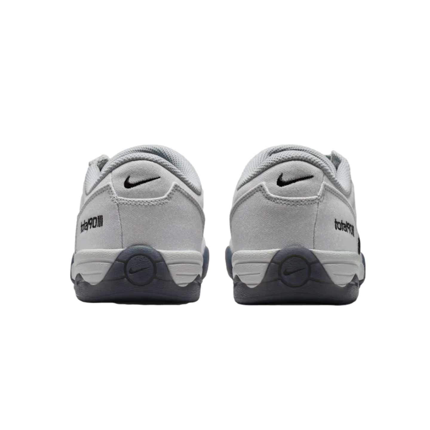 Rear view of grey Nike Total 90 III sneakers, featuring black swoosh logos and "Total 90 III" branding on the heels.