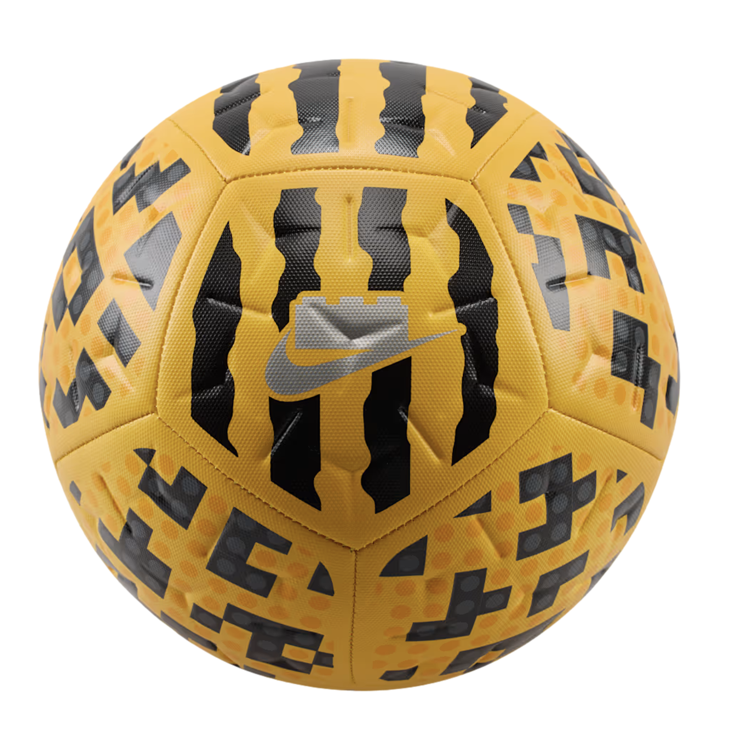 Yellow Nike soccer ball with vertical wavy black stripes and pixelated geometric patterns, featuring a silver Nike swoosh logo in the center.