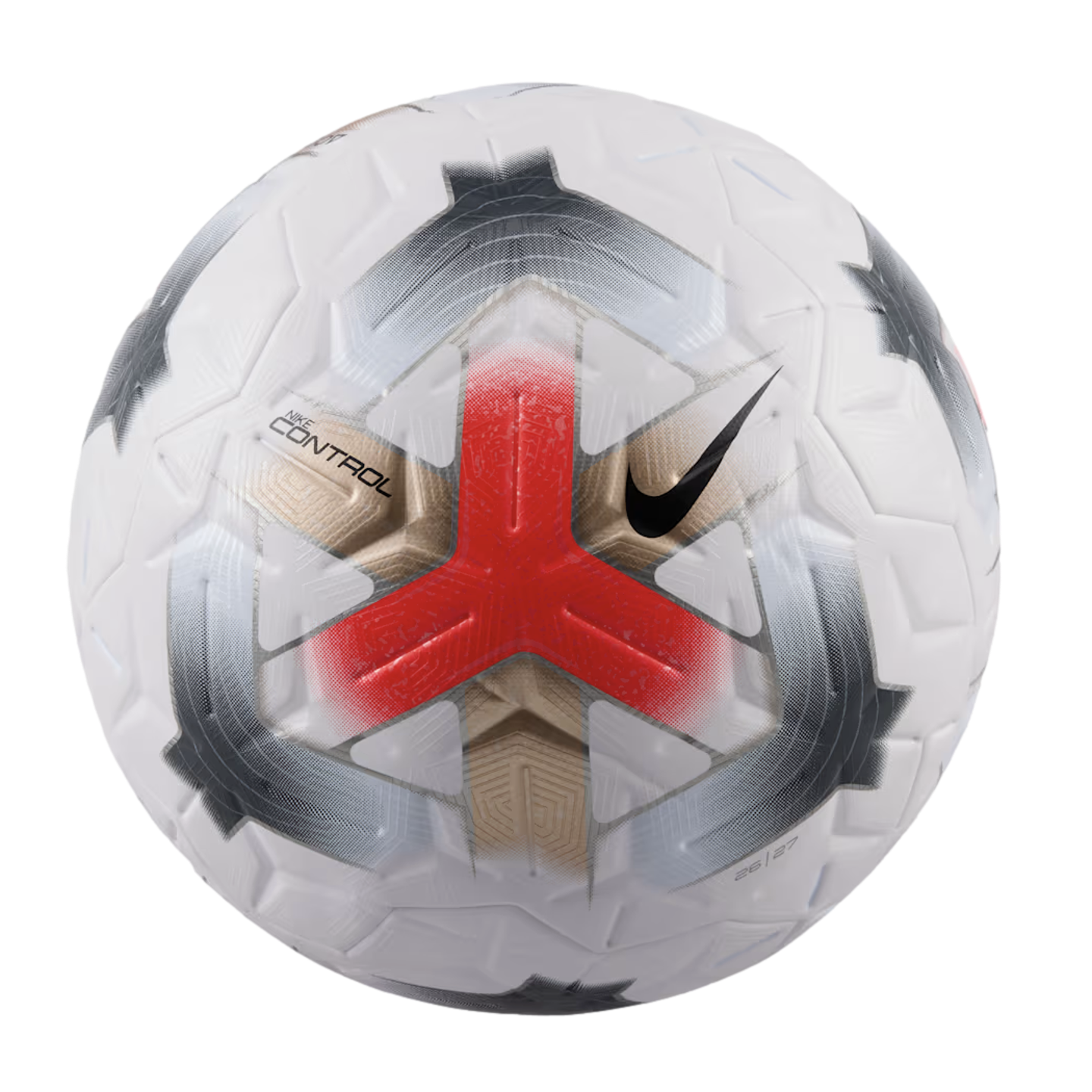 A white Nike soccer ball with a textured surface, featuring a bold red three-pronged graphic at the center, grey and gold design elements, and a black swoosh logo.