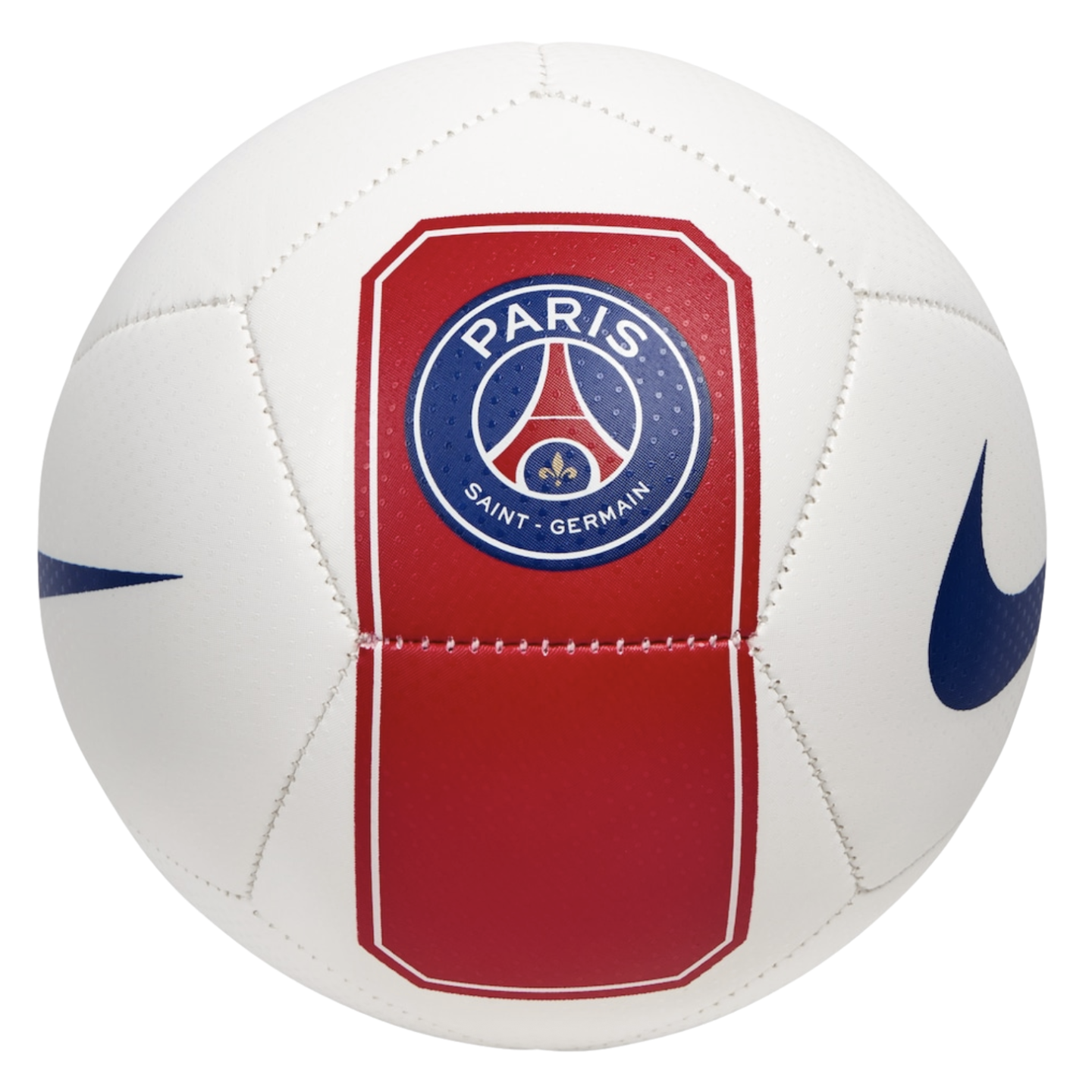 White Nike soccer ball featuring the Paris Saint-Germain crest on a central red stripe and a blue swoosh on the side.