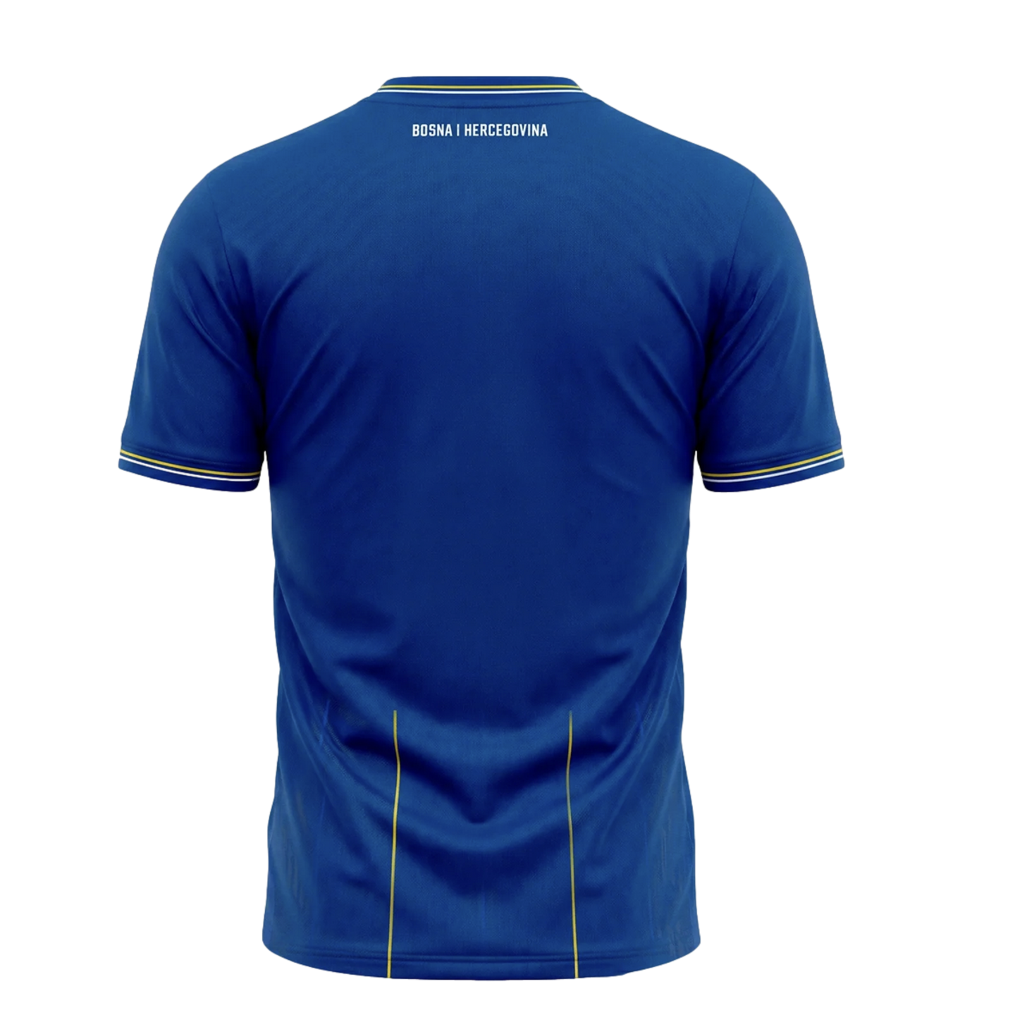 Back of a blue soccer jersey with "BOSNA I HERCEGOVINA" in white text. Yellow and white trim on collar and sleeves, with two vertical yellow stripes near the bottom.