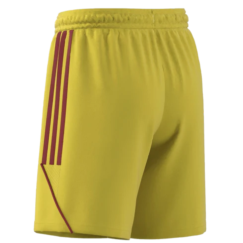 Rear side view of bright yellow athletic shorts featuring three vertical maroon stripes and maroon diagonal trim on the leg.