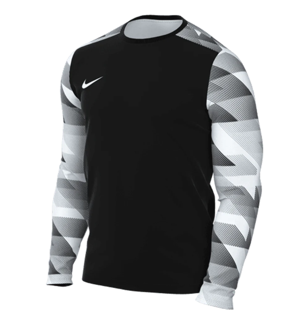 Nike long-sleeved athletic shirt with a black torso and gray and white geometric patterned sleeves.